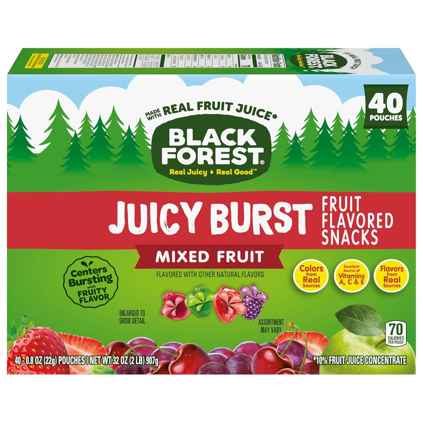 Black Forest Juicy Burst Portable Snacks for Car and Camping – Shelf-Stable Mixed Fruit Pouches, 40 ct