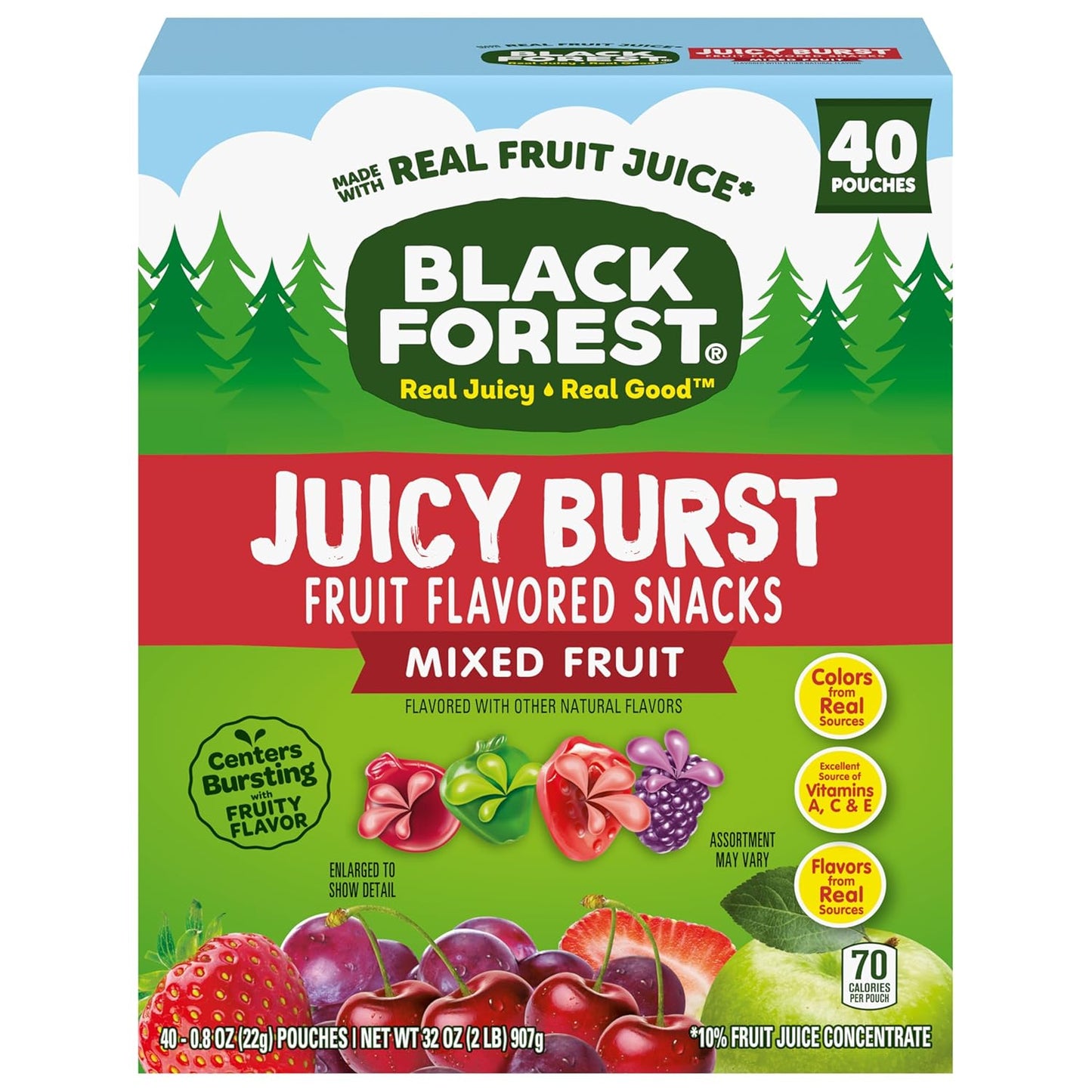 Black Forest Juicy Burst Portable Snacks for Car and Camping – Shelf-Stable Mixed Fruit Pouches, 40 ct
