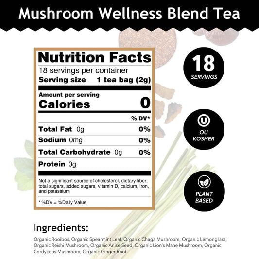 Buddha Teas Mushroom Wellness Herbal Tea – Bedtime Calming Brew for Sleep and Relaxation Routines, Caffeine Free Adaptogen Blend, 18 Tea Bags