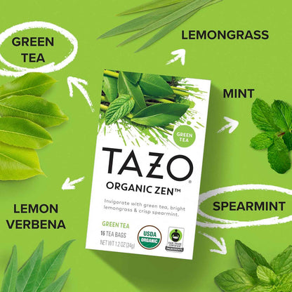 TAZO Organic Zen Green Tea Bags – Steady Low-Caffeine Replacement for Second-Cup Office Slump
