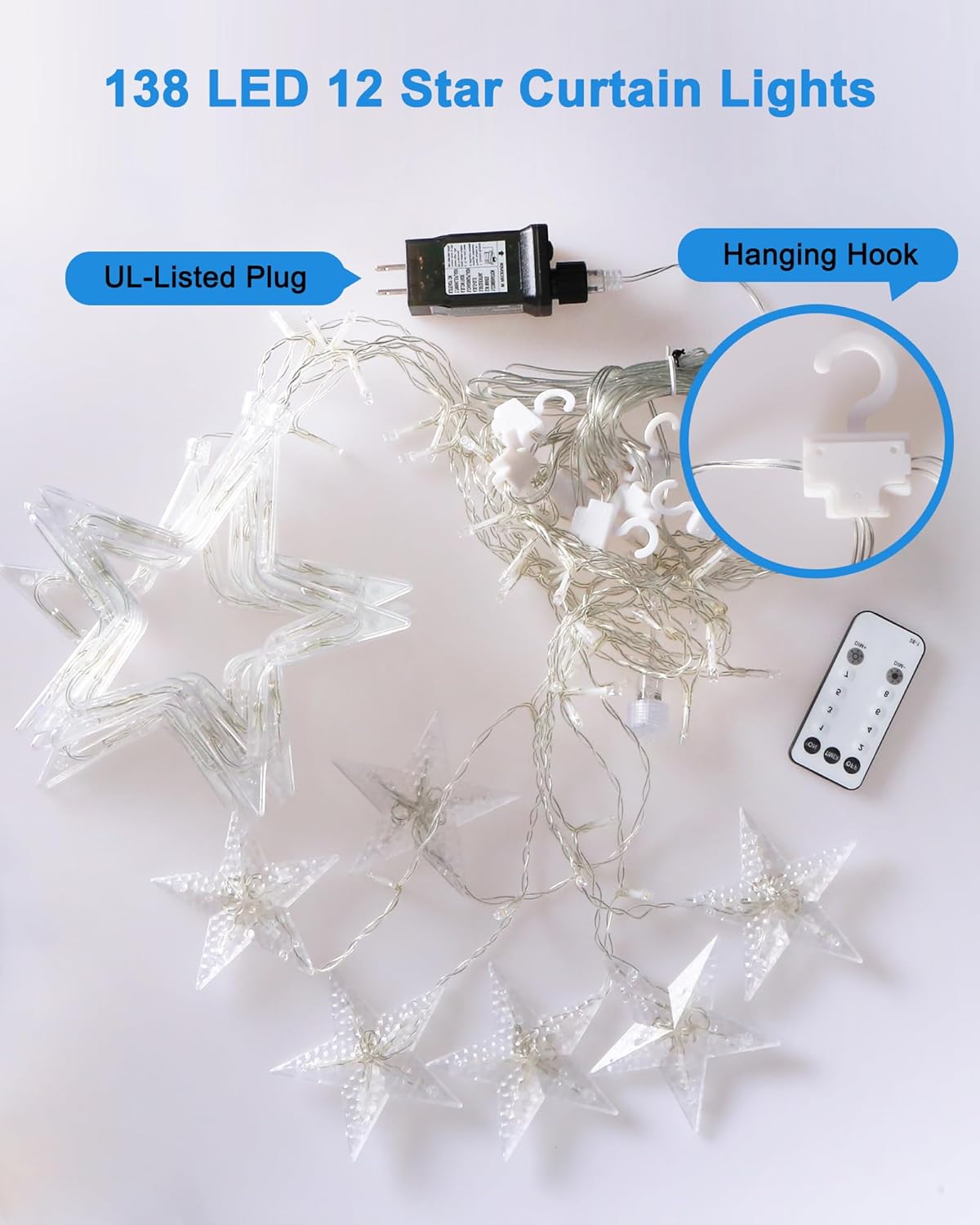 Blingstar Star Curtain Lights Warm White 138 LED 8.2 Ft Window Curtain with Timer Remote for Cozy Living Room and Apartment Aesthetic