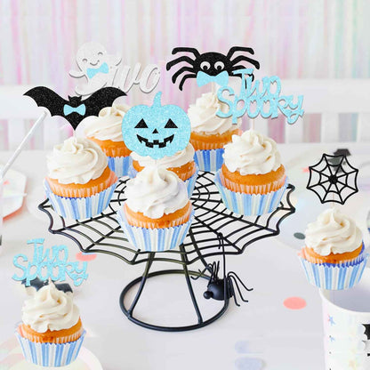 Two Spooky 2nd Birthday Cupcake Toppers Gift Set for Boy, 36Pcs Blue Black Halloween Dessert Decor Surprise Gift for Mom Hostess Halloween Party Setup