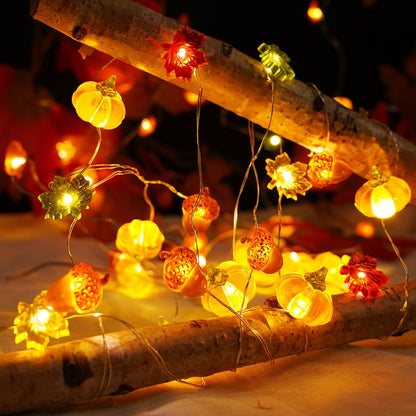 BOHON Autumn Acorn & Maple Garland Lights – Living Room Mantel Decor, 3D Pumpkin String for Cozy Home Atmosphere