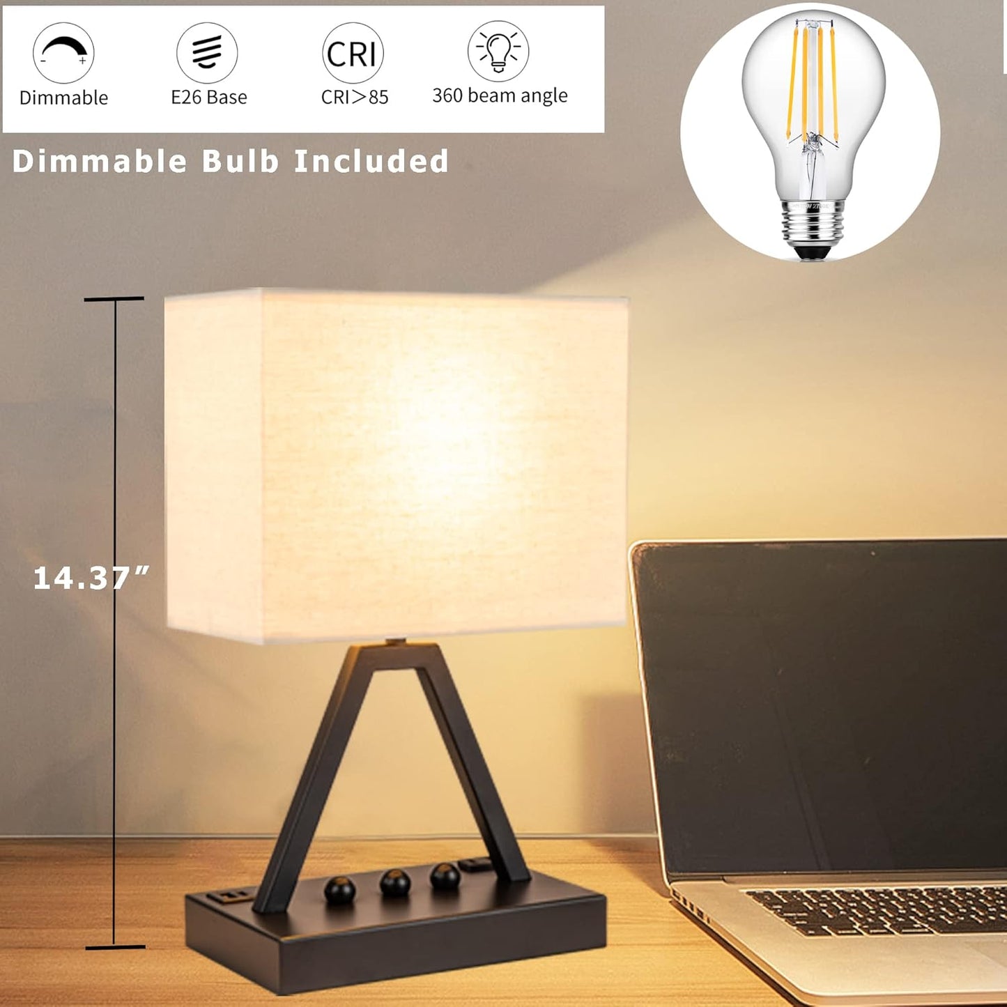 Briever 3-Way Dimmable Study Lamp – Focused Reading Light for Remote Work with USB A Port, AC Outlet and Flicker-Free 2700K LED