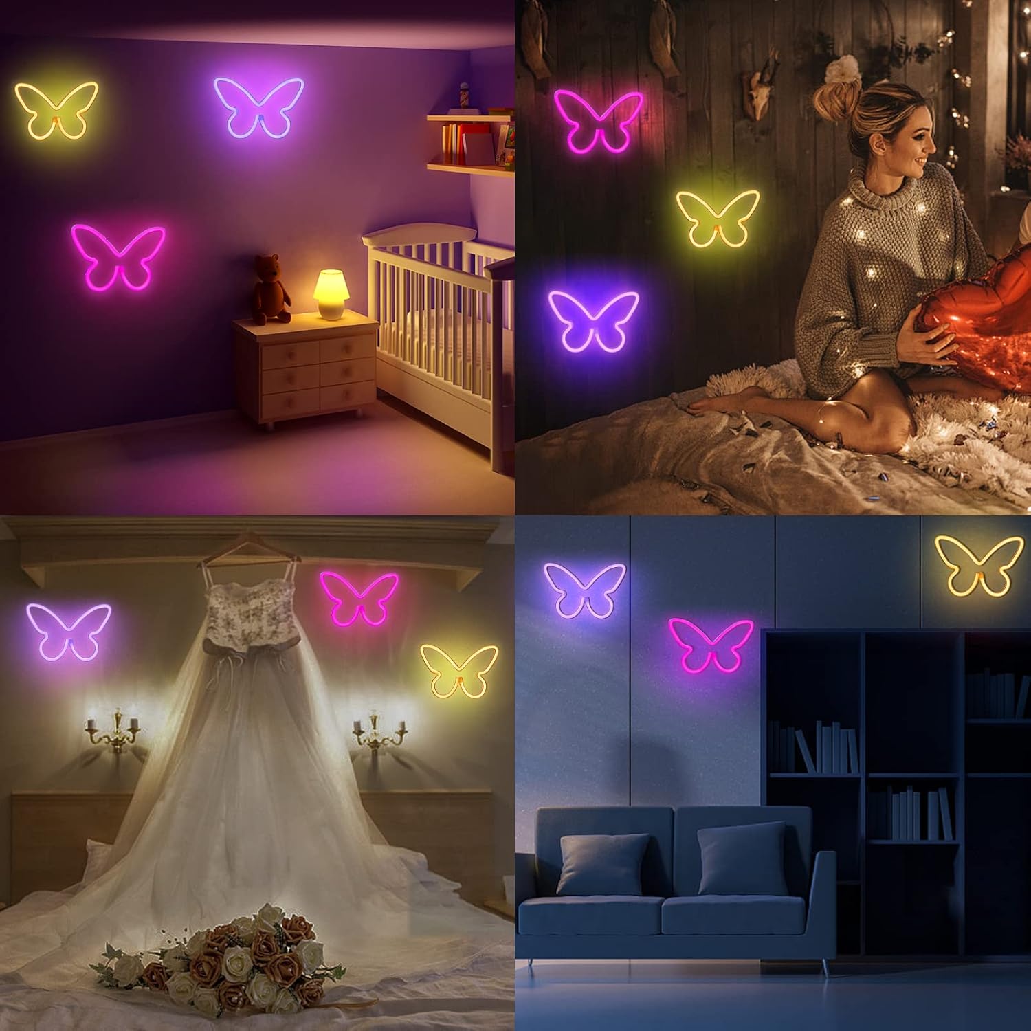 BRIGHTDECK 3-Piece Butterfly Neon Wall Art – Soft Glow Living Room and Dorm Room Decoration, Battery or USB Powered Accent Lighting