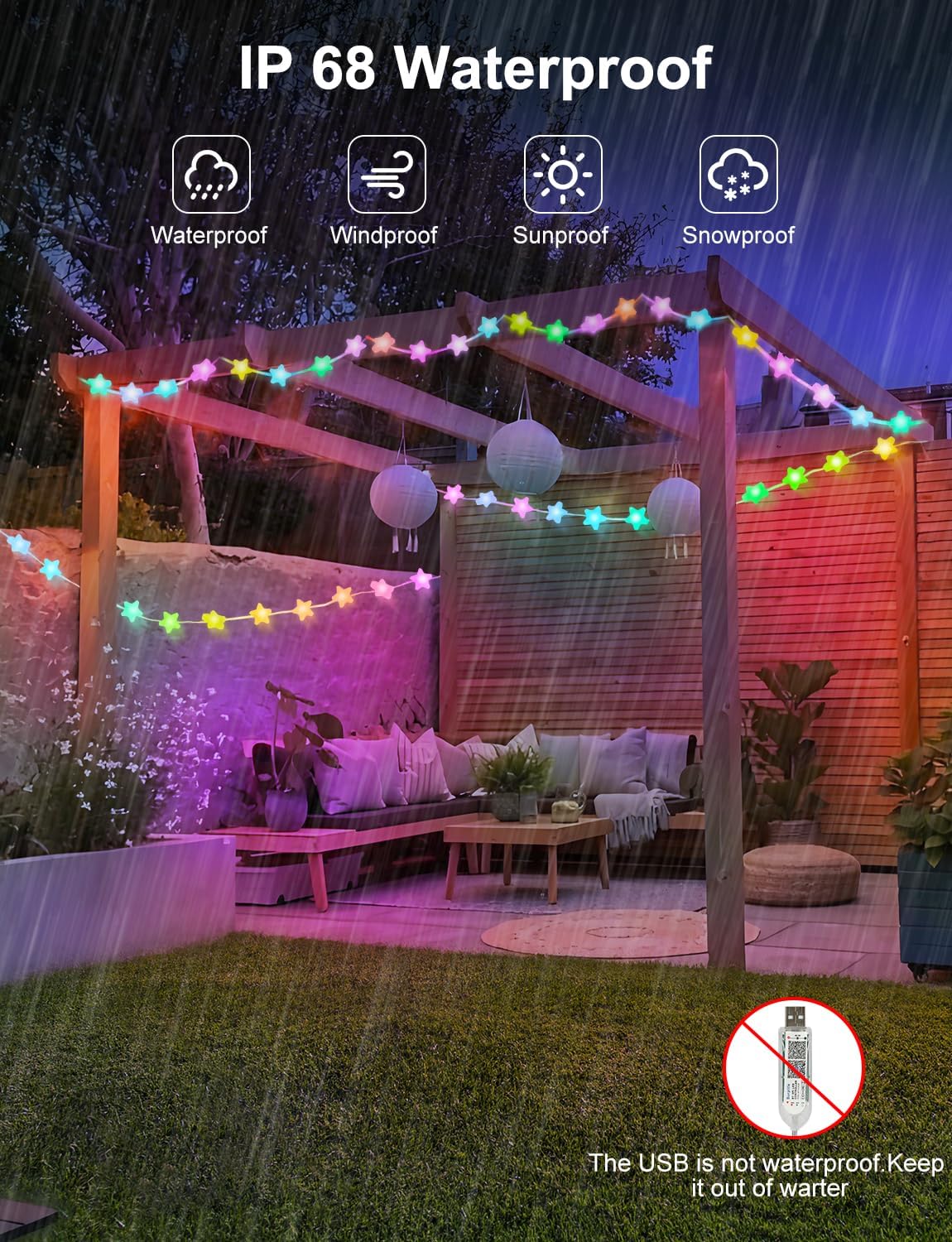 Brightown IP65 Waterproof Star Fairy Lights 33ft – Portable USB Powered Patio and Garden Pergola Decor, App and Remote Controlled String Lights