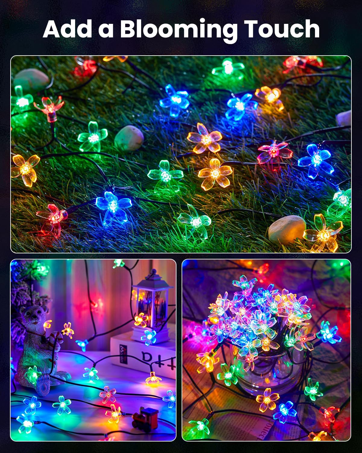 Brightown Solar Cherry Blossom String Lights – Weatherproof Backyard & Fence Lighting for Outdoor Dining and Gatherings