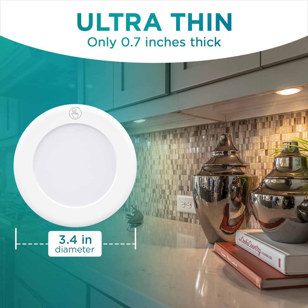 Brilliant Evolution Round LED Puck Lights – Stylish Cordless Fixtures for Floating Shelves and Vanity Counters, Pack of 2
