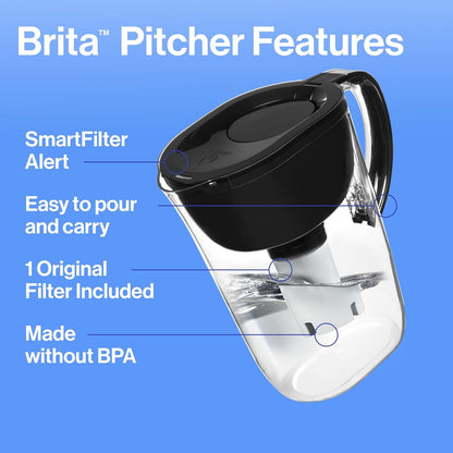 Brita SmartLight Filtered Water Pitcher in Stretch Limo Black – Mindful Hydration Companion for Wellness Routines and Clean Living