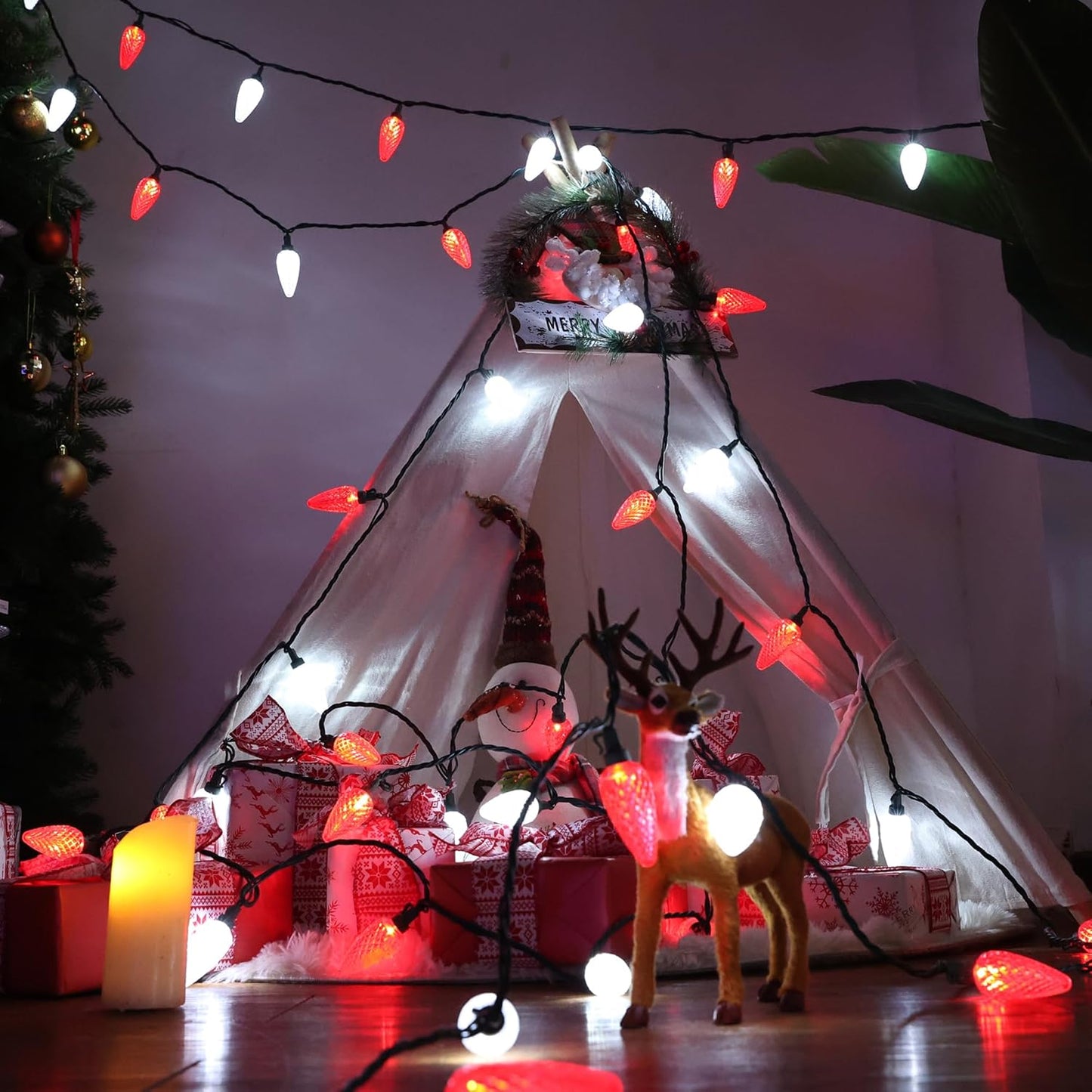 Brizled Red & Cool White C9 LED Lights – Cozy Holiday Ambiance for Bedroom and Dining Room Decor
