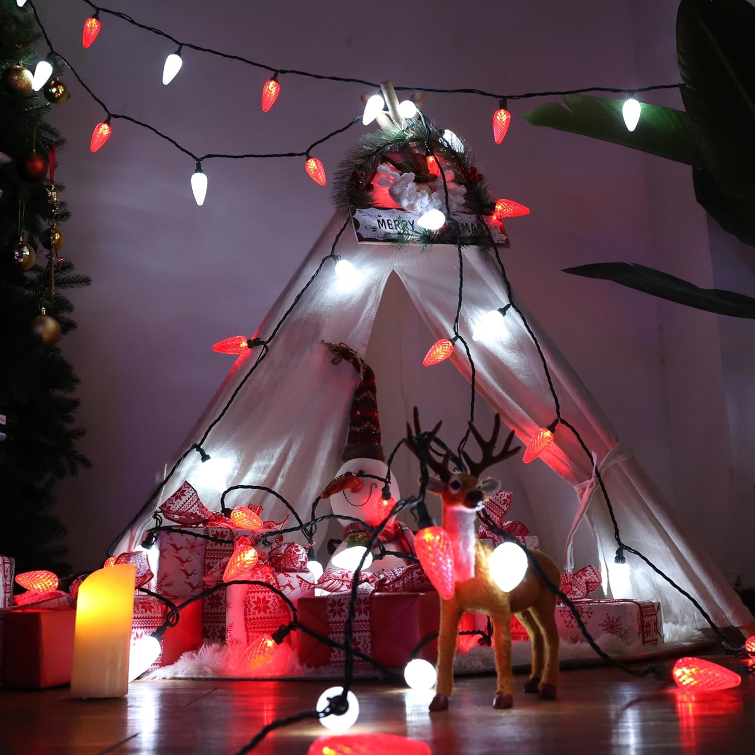 Brizled Red & Cool White C9 LED Lights – Cozy Holiday Ambiance for Bedroom and Dining Room Decor