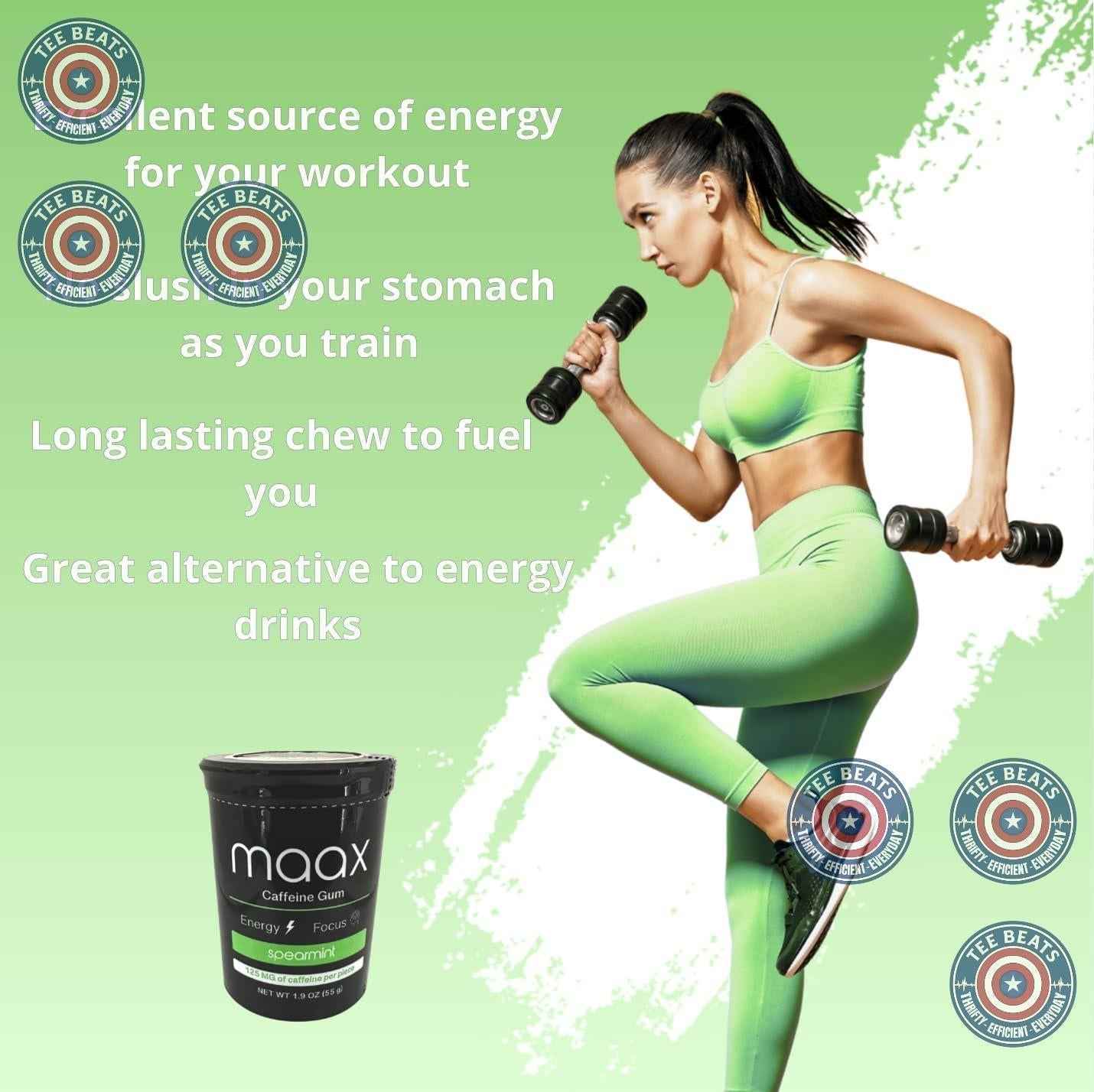 Maax Caffeine Energy Gum | Trail & Hike Energy Boost | 125mg Spearmint, 25 Pieces
