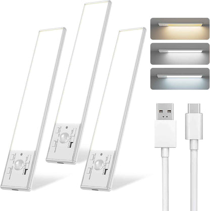 FBY Under Cabinet Lighting, Motion Sensor Night Lights for Stairs and Hallways to Prevent Nighttime Falls, 3-Pack USB Rechargeable LED Closet Lights