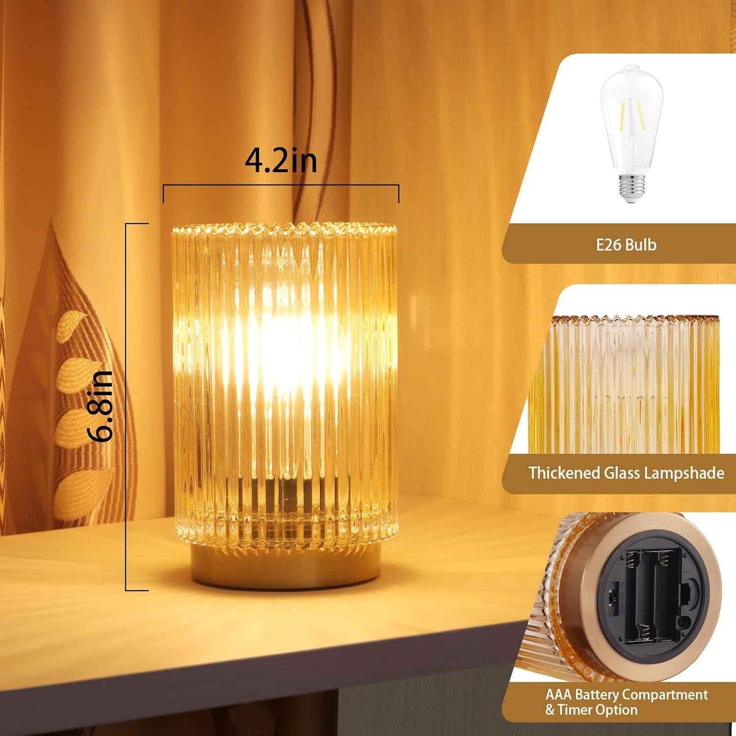 Decorative Fluted Glass Bedside Lamp with Warm LED Glow for Mantels, Bookshelves, and Console Tables