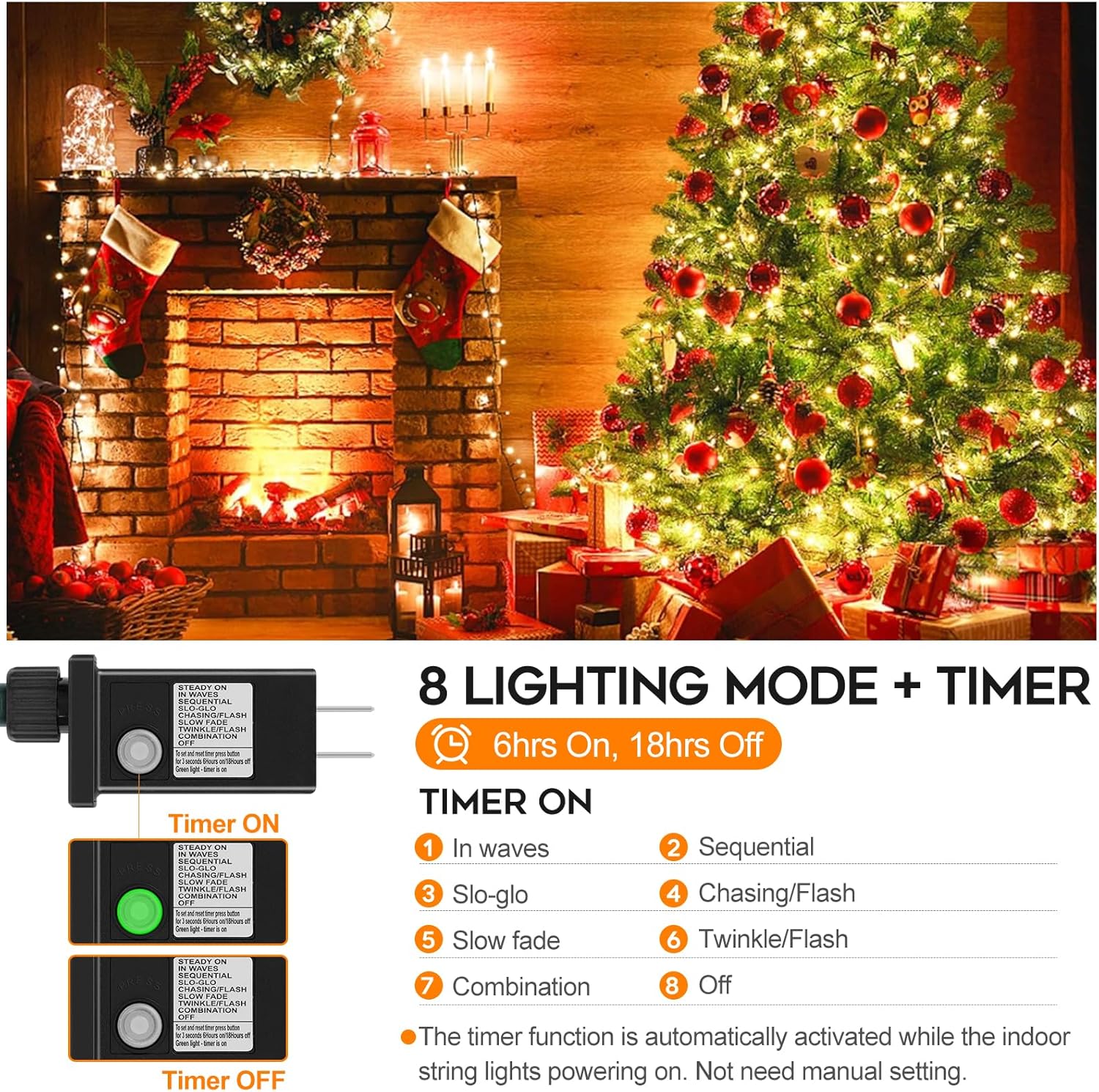 built-in 6-hour-on/18-hour-off timer activated by a 3-second button press, with a green led indicator