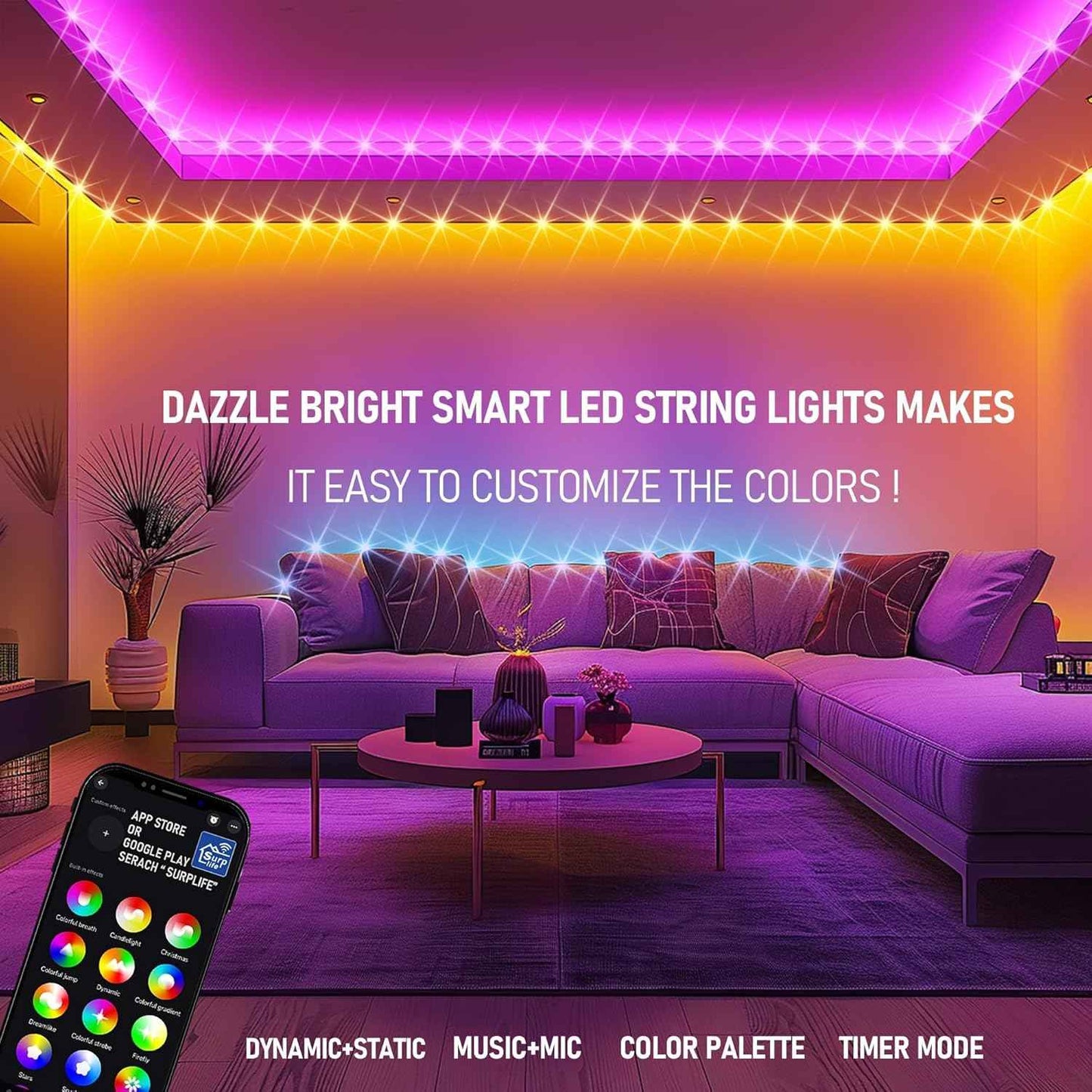 Dazzle Bright Smart Color Changing Christmas Lights – Thoughtful Birthday Gift for Her, 200 LED App Controlled RGB String Lights for Bedroom and Parties