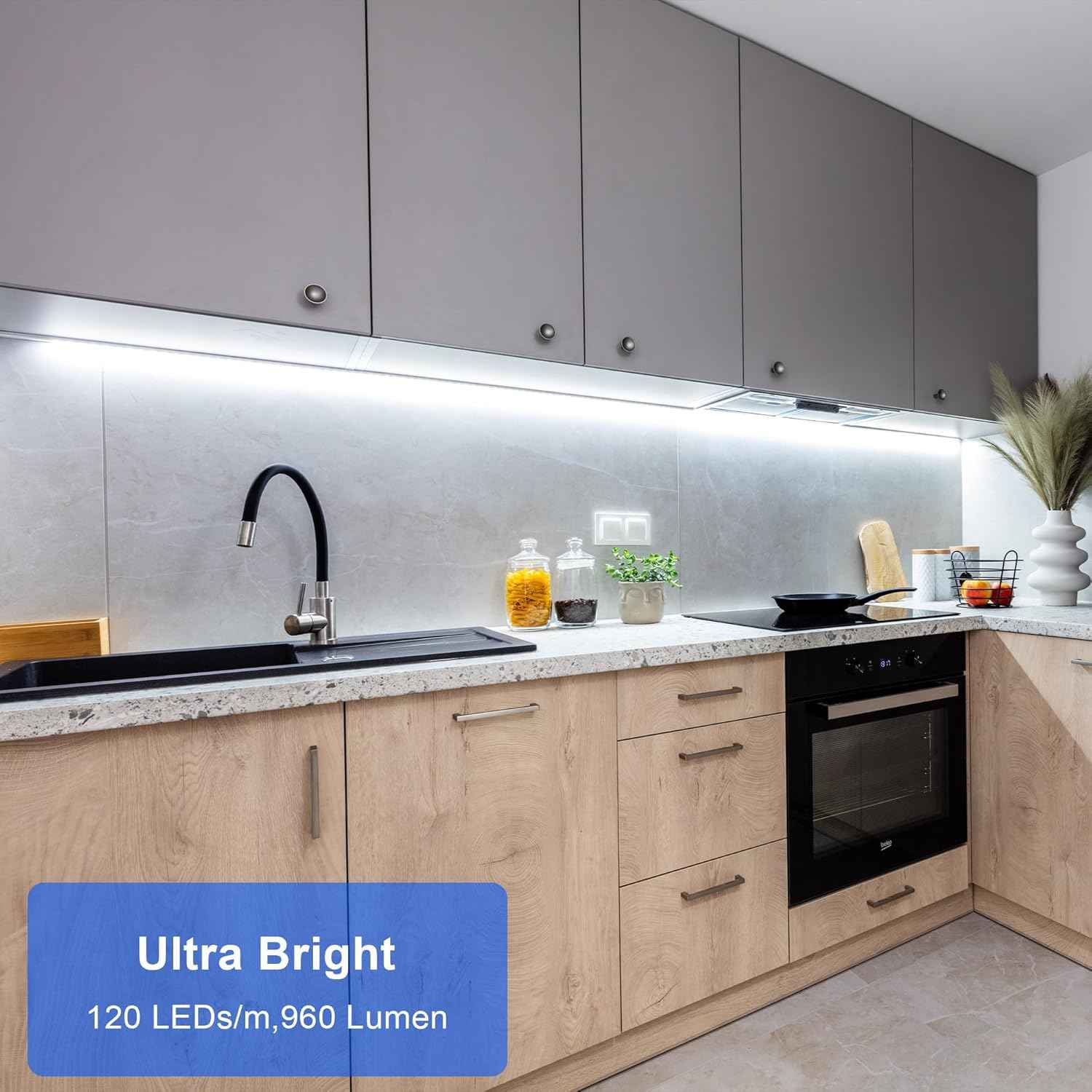 maylit Under Cabinet LED Light Bar 24in/48in/72in for Senior Apartment Kitchen, Bright Plug-in Lighting Near Sink and Sagging Shelves