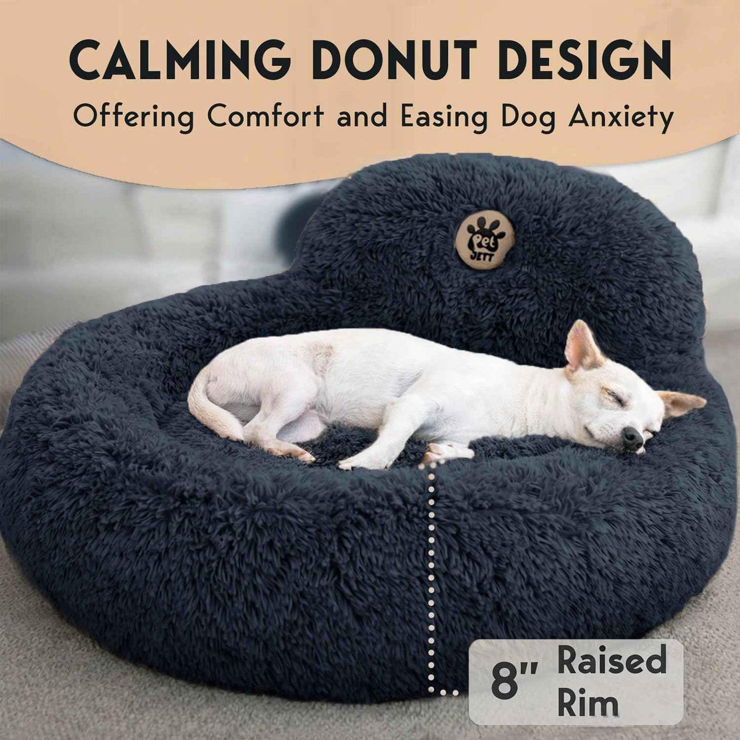 PetJett Calming Donut Dog Bed Medium – Faux Fur Round Pet Bed in Dark Grey, Modern Living Room & Bedroom Decor Accent