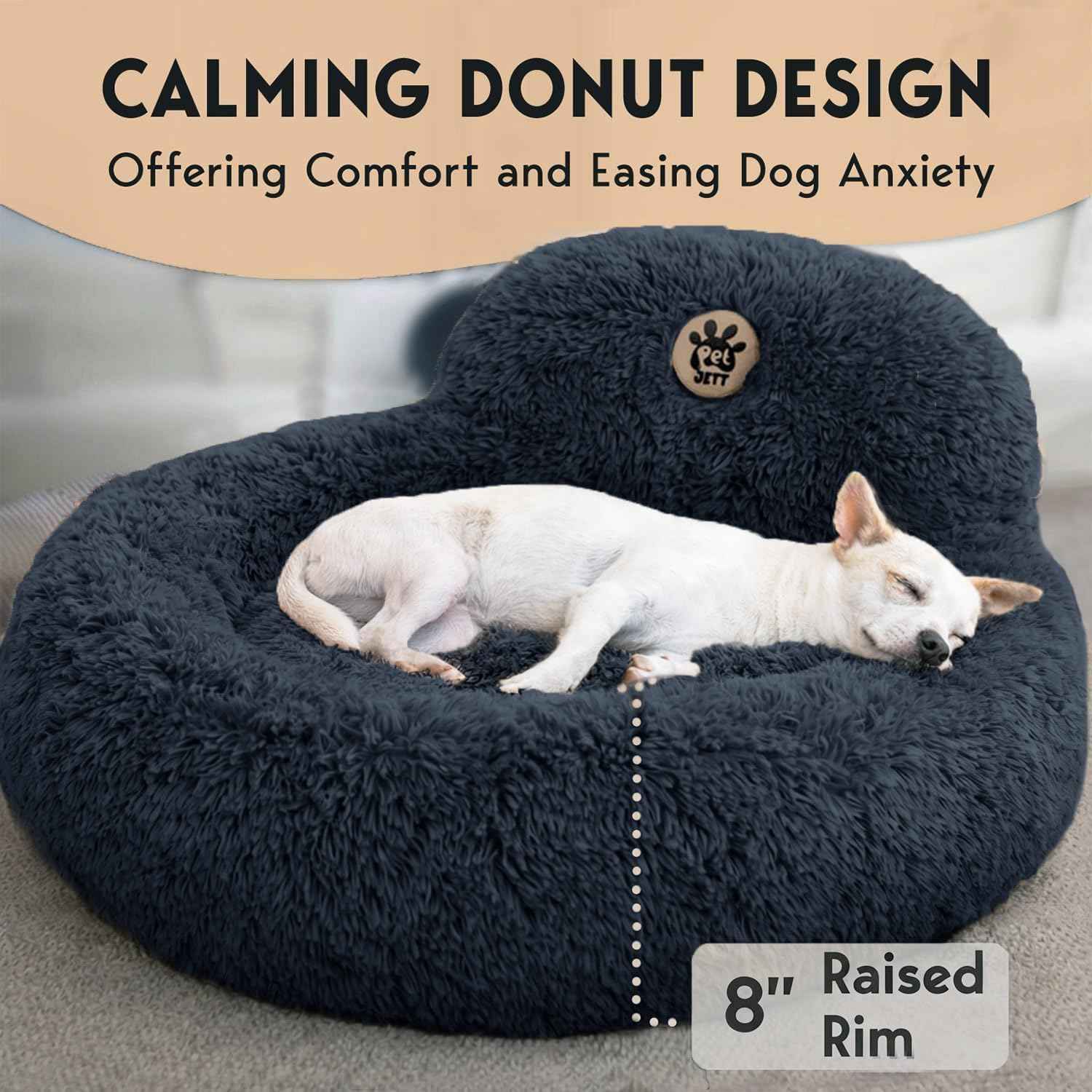 PetJett Calming Donut Dog Bed Medium – Faux Fur Round Pet Bed in Dark Grey, Modern Living Room & Bedroom Decor Accent