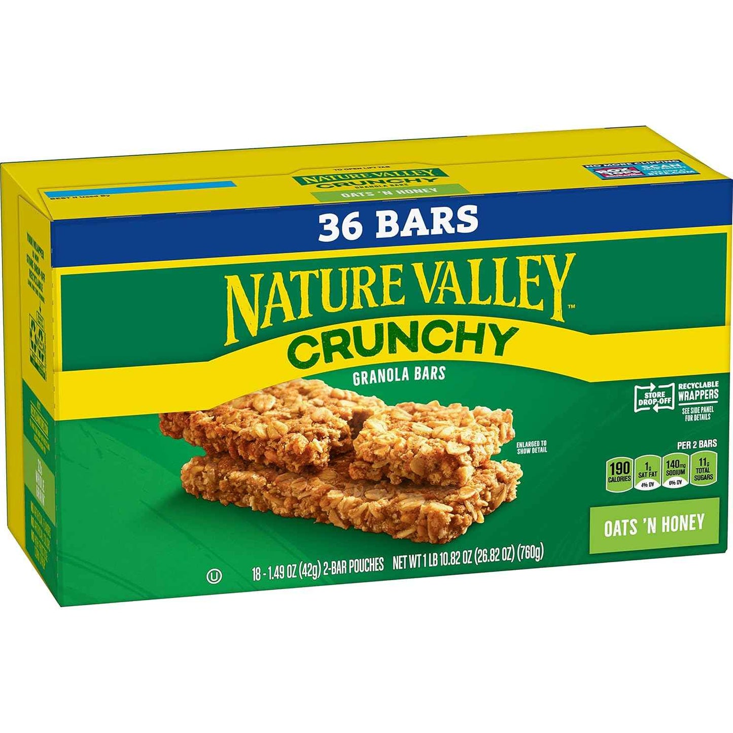 Nature Valley Crunchy Oats 'n Honey Granola Bars – Desk Drawer Snack for Office and Commuters, 48 Bars in 24 Pouches