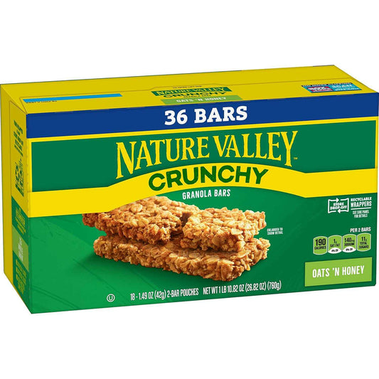Nature Valley Crunchy Oats 'n Honey Granola Bars – Desk Drawer Snack for Office and Commuters, 48 Bars in 24 Pouches