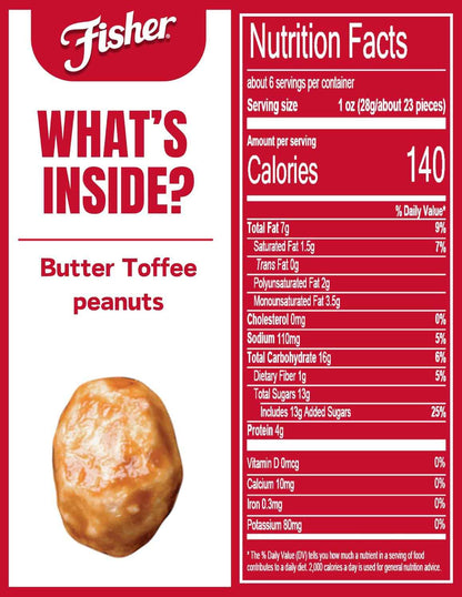 Fisher Snack Butter Toffee Peanuts – Pantry Snack for Clean Ingredient Wellness, 5g Protein Per Serving