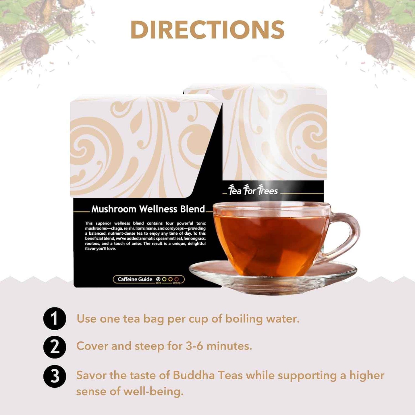 Buddha Teas Mushroom Wellness Herbal Tea – Bedtime Calming Brew for Sleep and Relaxation Routines, Caffeine Free Adaptogen Blend, 18 Tea Bags