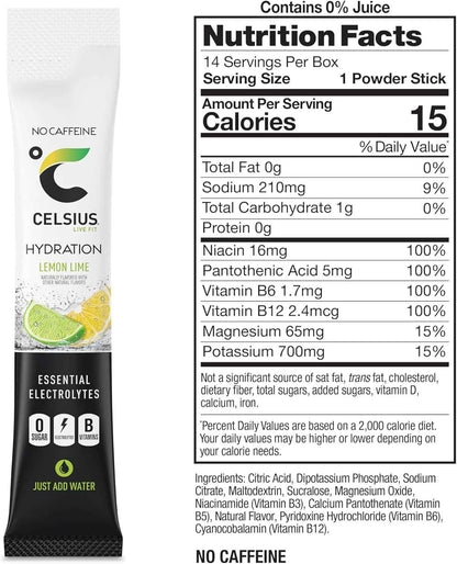 CELSIUS Hydration B-Vitamin Stick Packs – Lemon Lime Caffeine Free Office Beverage to Replace Sugary Sodas at Your Desk