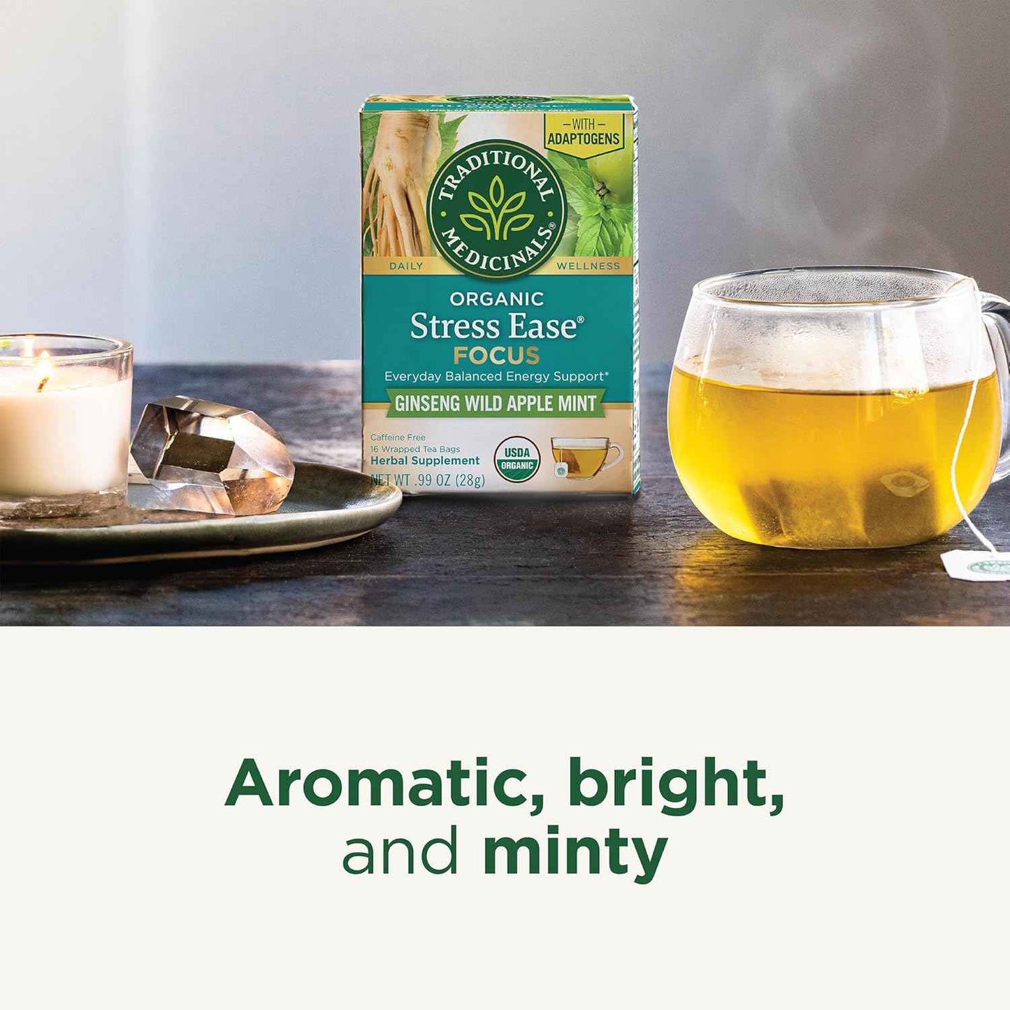 Traditional Medicinals Stress Ease Focus Tea – Clean-Label Adaptogen Blend for the Intentional Pantry, 16 Bags
