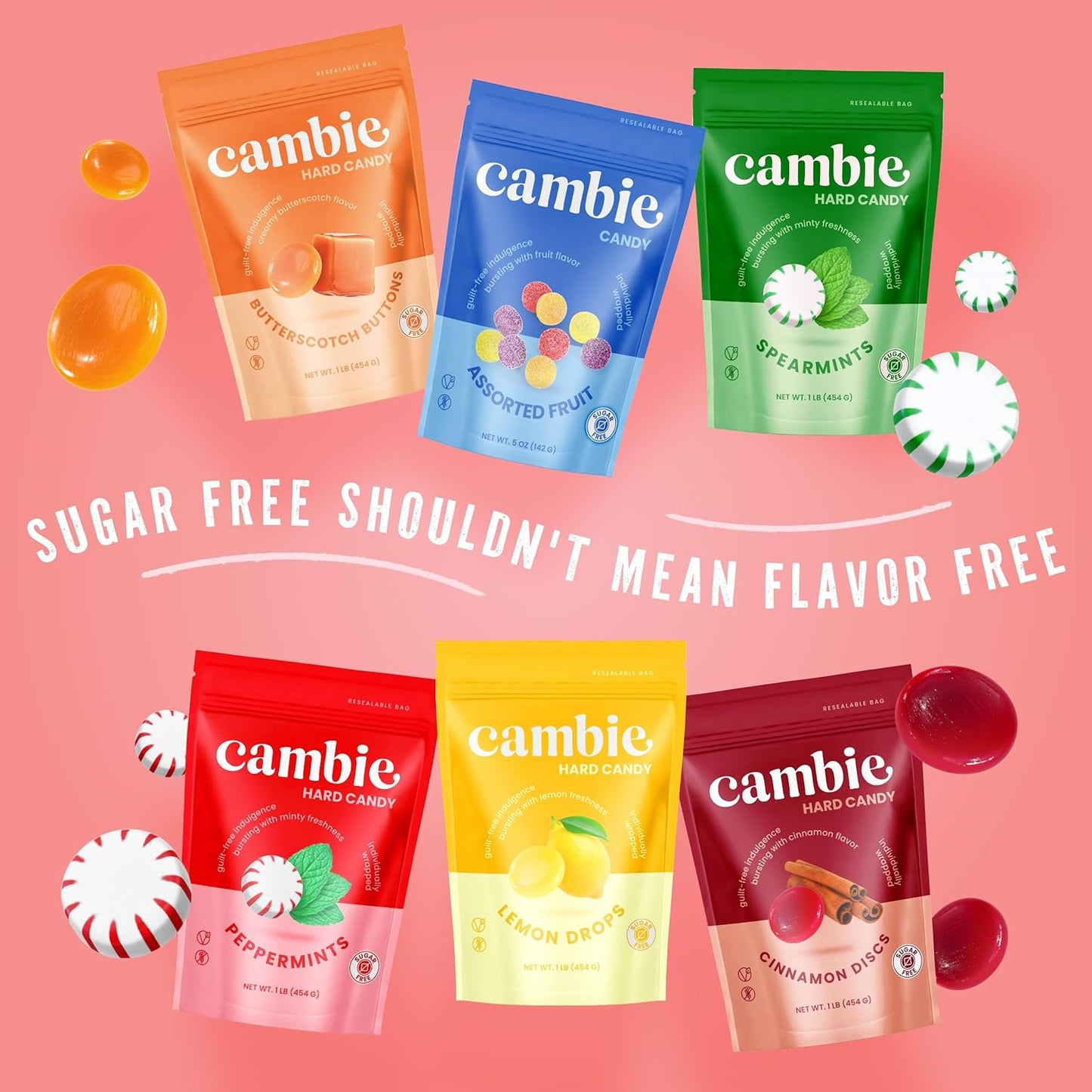 Cambie Spearmint Sugar Free Mints – Calorie-Conscious Self-Care Candy for Home Relaxation, Resealable Pouch