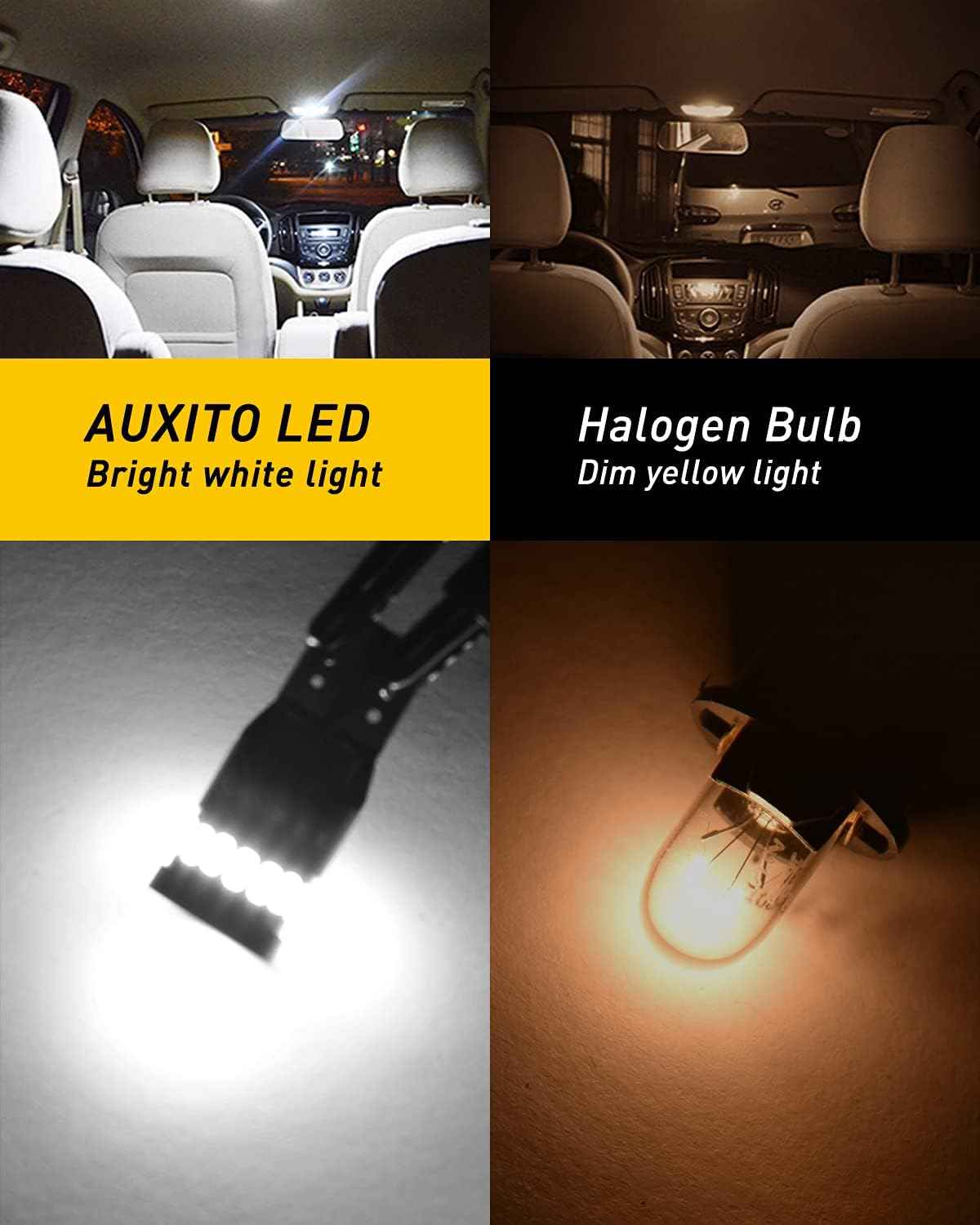 AUXITO T10 168 LED Bulbs for Safe CANbus-Ready Vehicle Conversion, 12V 2W Low-Heat White Bulbs for Interior and Exterior Socket Swap, Pack of 2