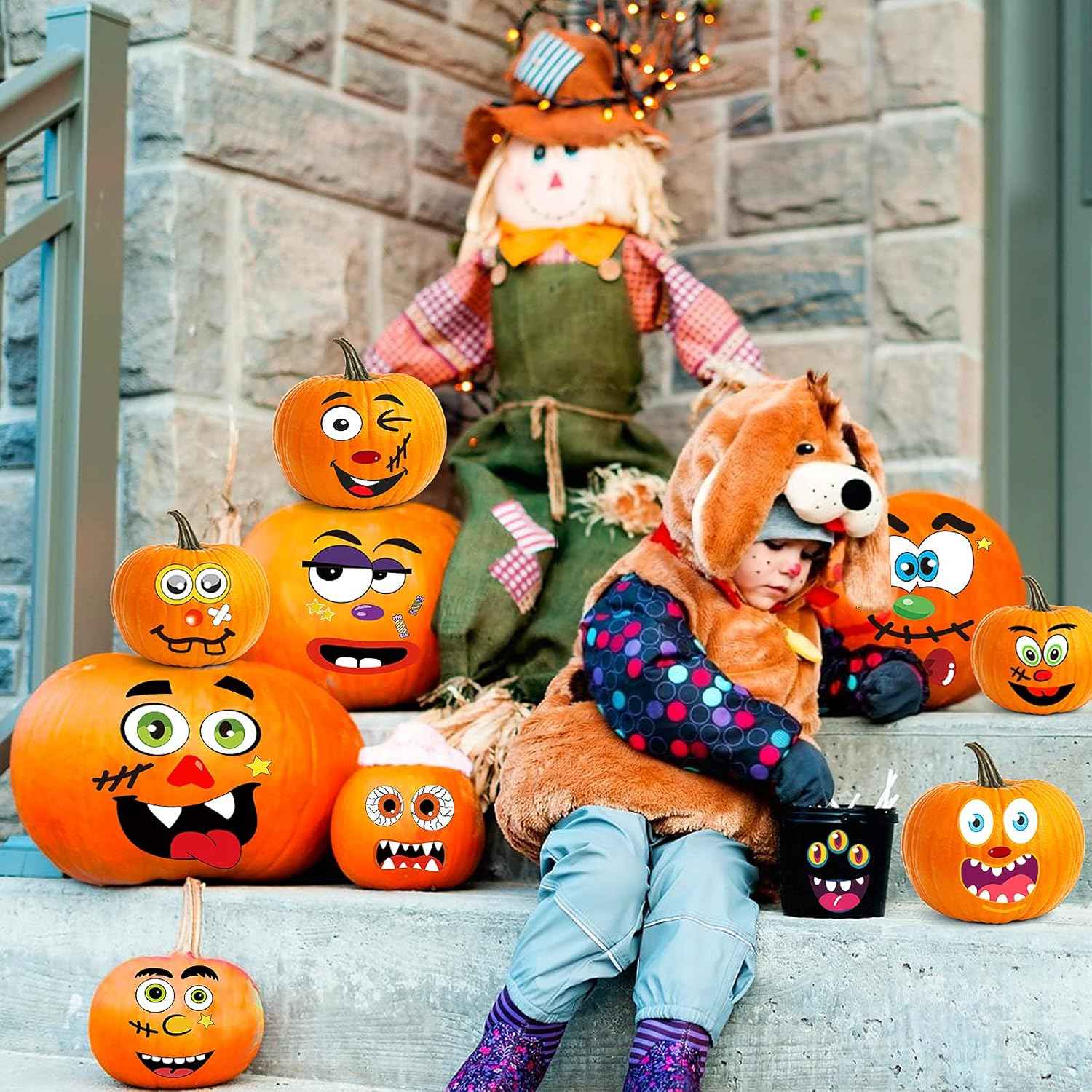 BainGsek 56 Funny Pumpkin Stickers for Kids – No-Knife Decorating Activity for Family Halloween and School Parties