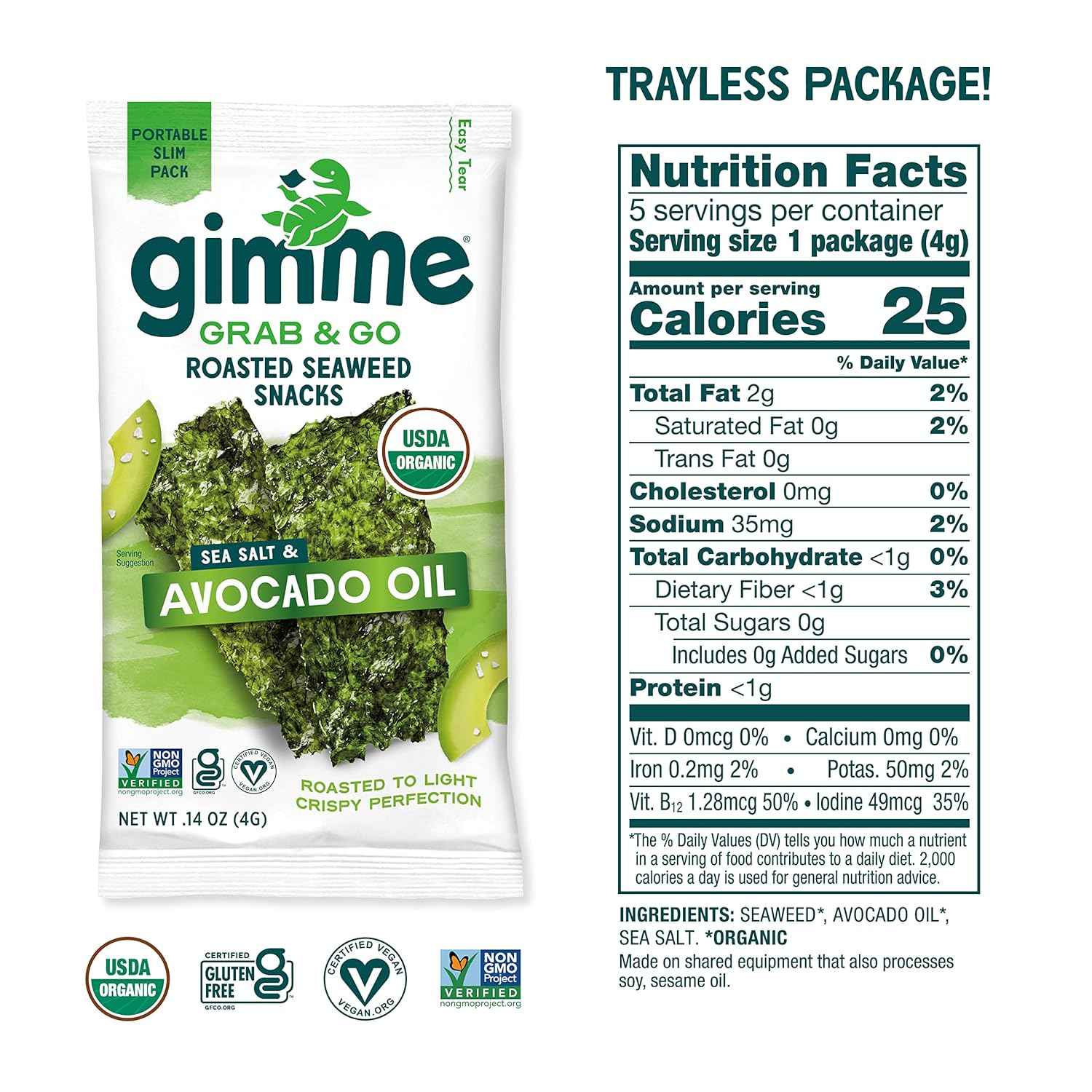 Gimme Seaweed Snacks Organic Roasted Seaweed Kids Lunchbox Pack Non-GMO Healthy School Snack 5 Count