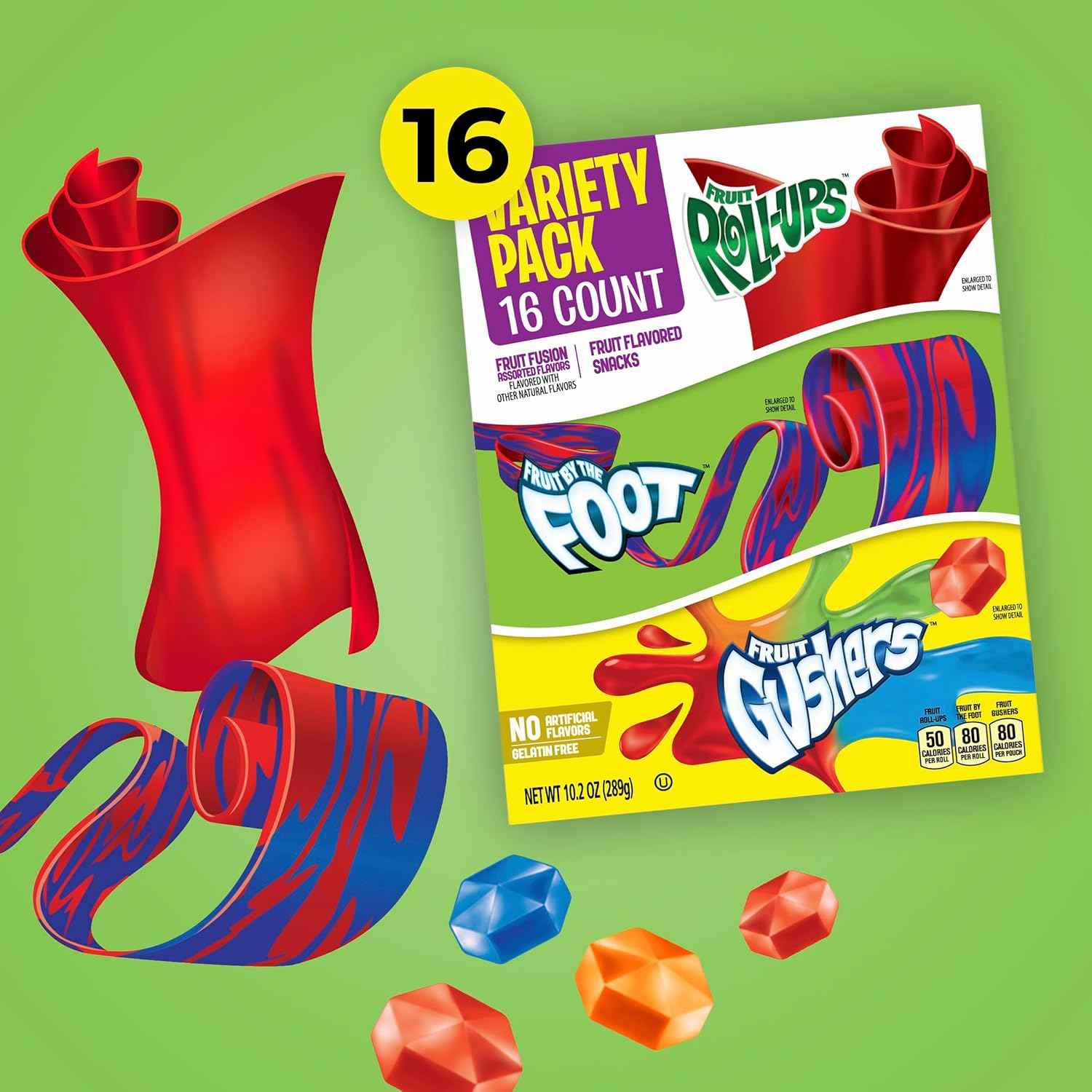 Fruit Roll-Ups, Fruit by the Foot & Gushers Variety Pack – Lunchbox Snack for School-Age Kids, 16 Individually Wrapped Pouches