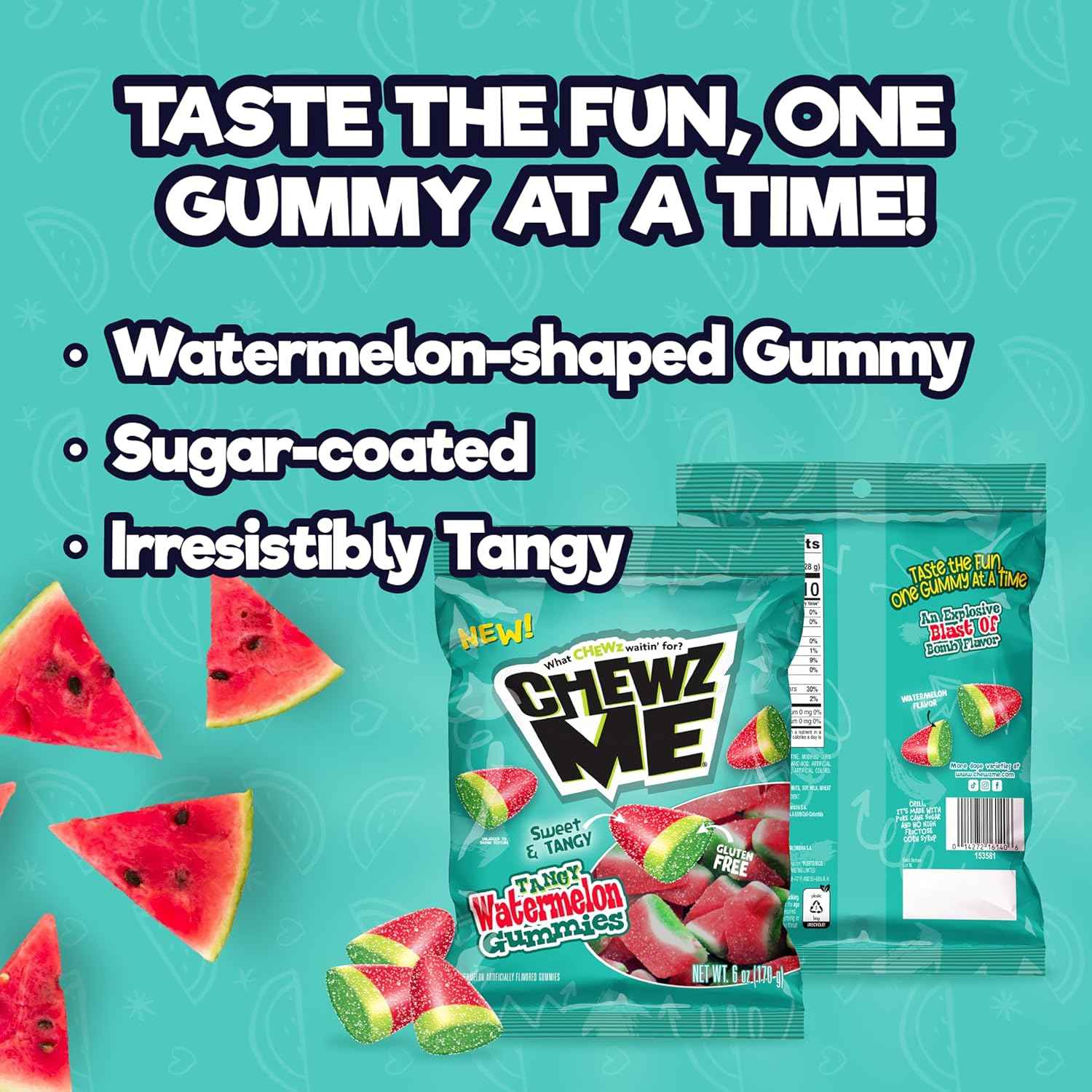 ChewzMe Sour Watermelon Gummy Candy Stocking Stuffer and Birthday Party Treat, Gluten-Free Cane Sugar Snack, 6 oz Bag
