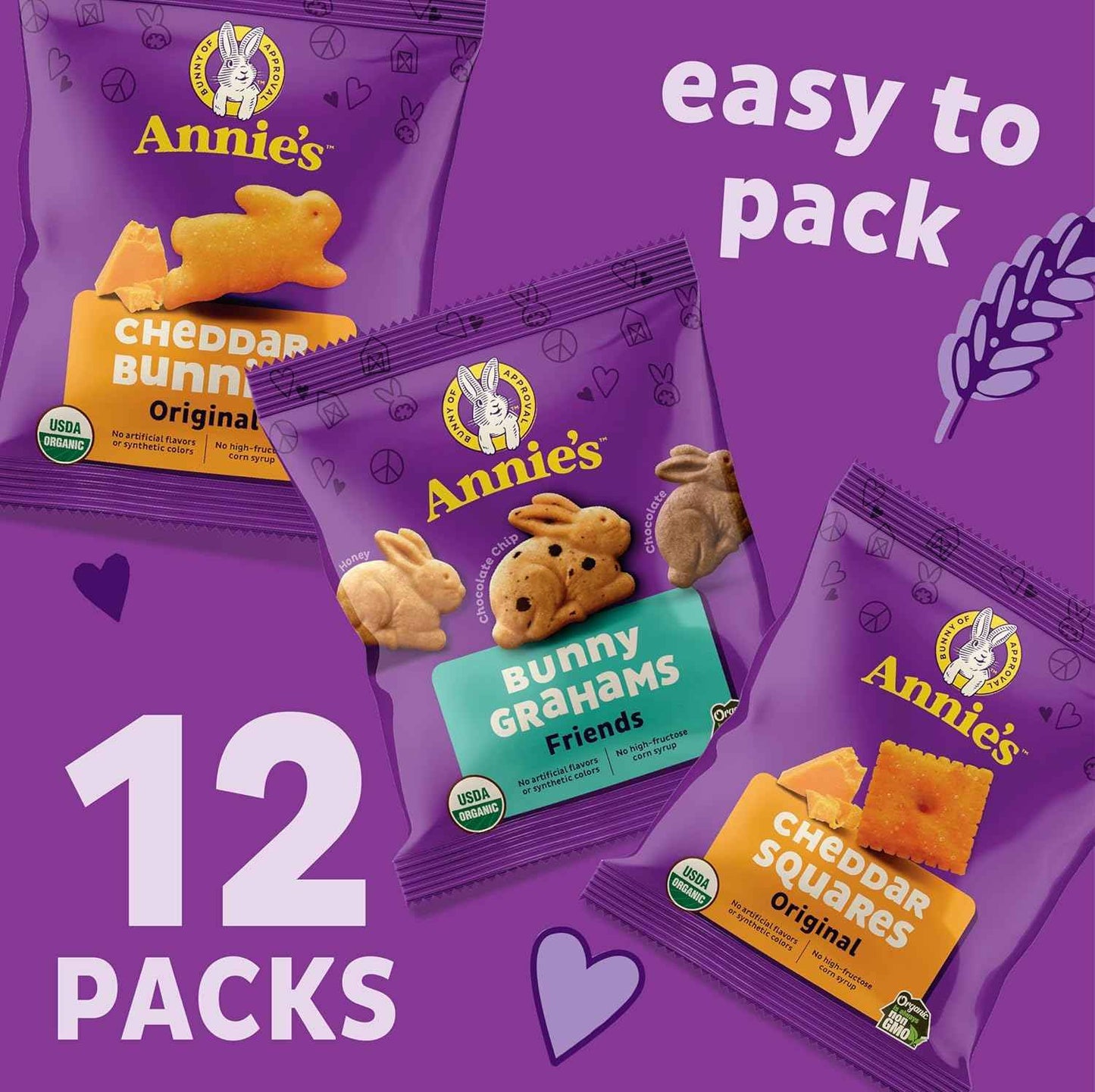 Annie's Organic Cheddar Bunnies, Bunny Grahams & Squares – After-School Snack Box for Picky Eaters