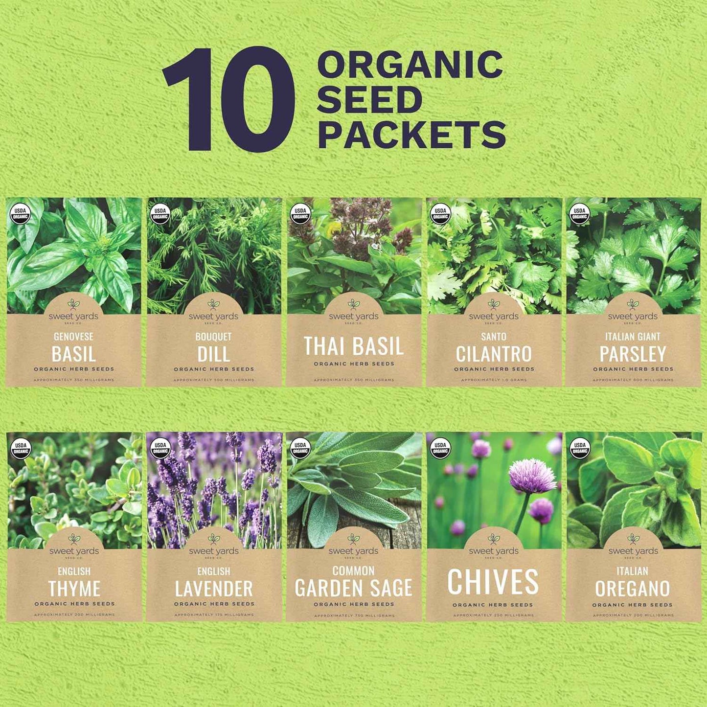 Organic Herb Seeds Variety Pack – Mindful Home Gardening for Stress Relief and Calm, 10 Heirloom Culinary Herbs