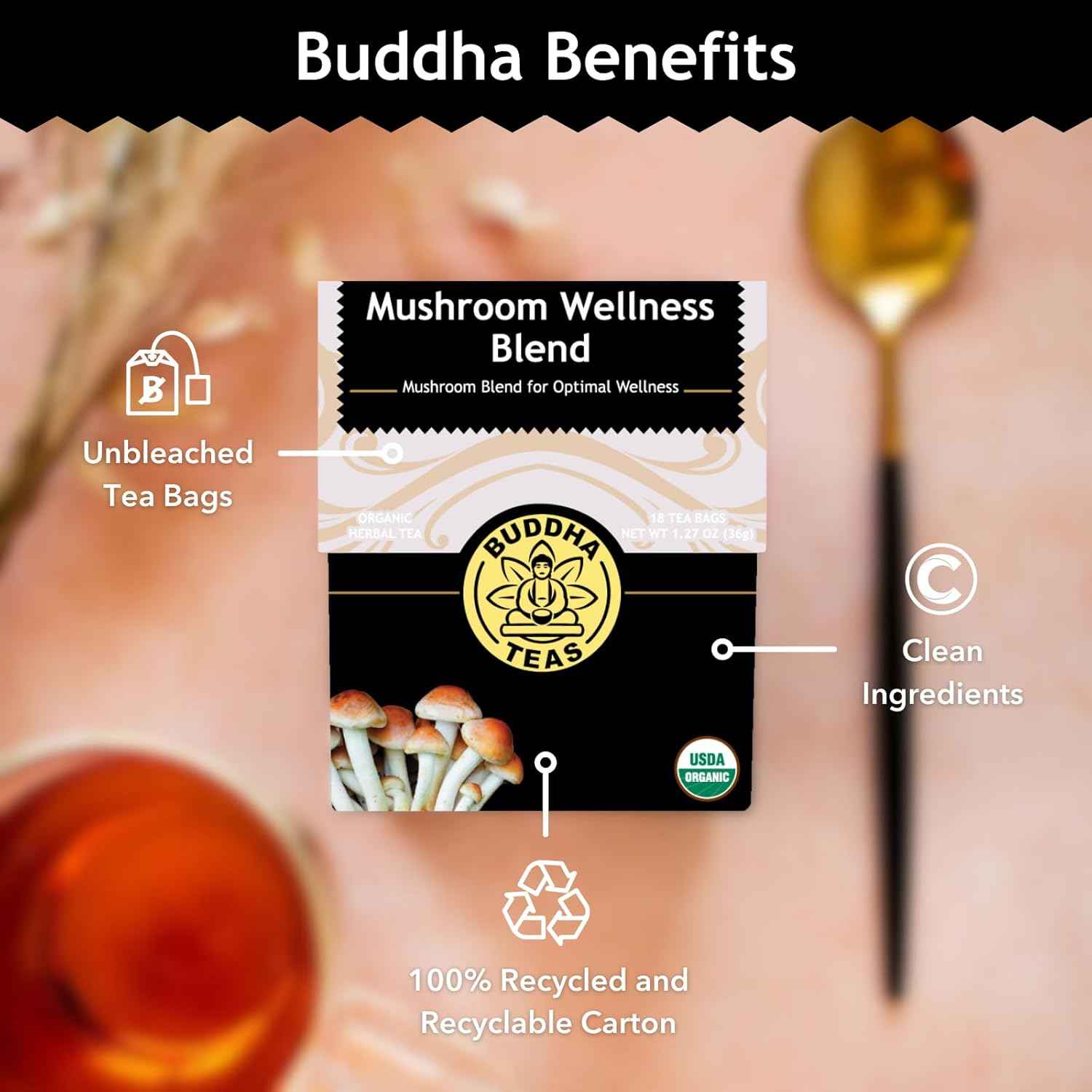 Buddha Teas Mushroom Wellness Herbal Tea – Bedtime Calming Brew for Sleep and Relaxation Routines, Caffeine Free Adaptogen Blend, 18 Tea Bags