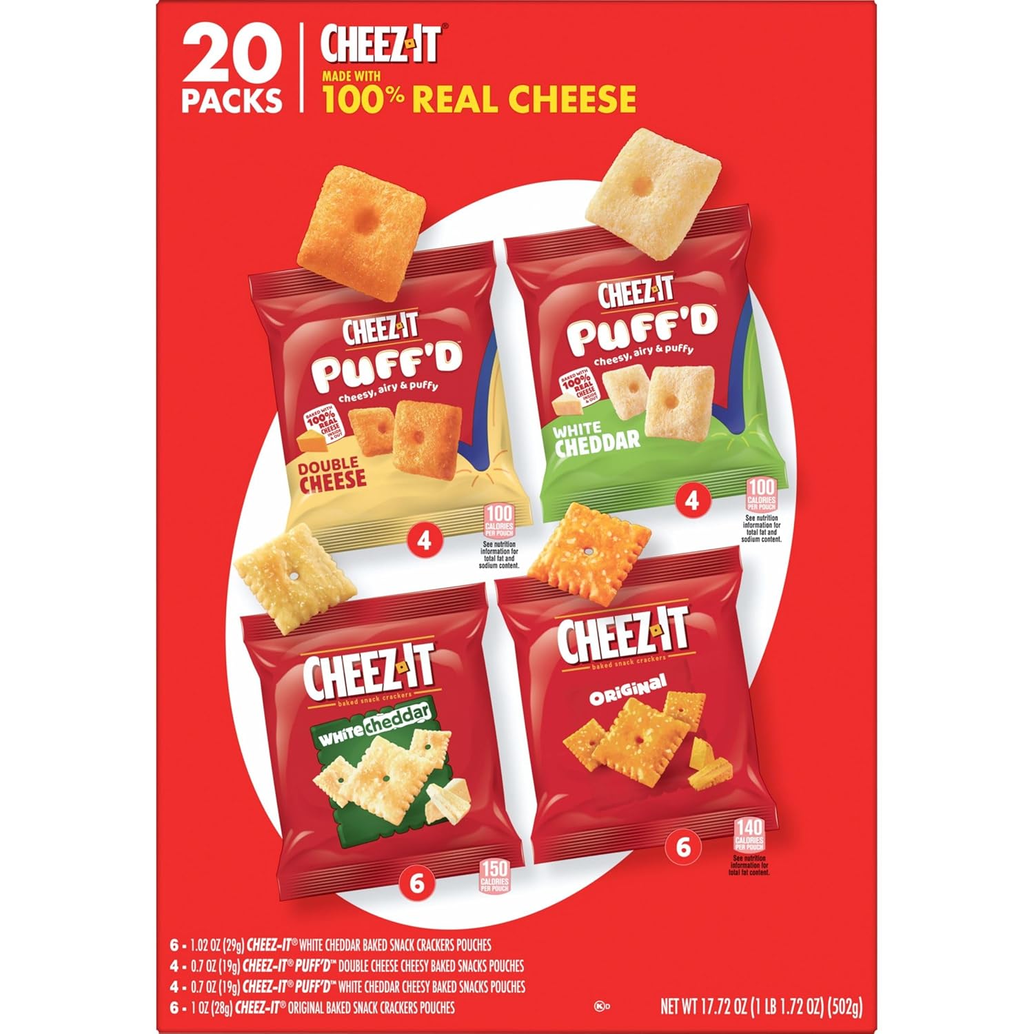 Cheez-It Cheese Crackers, Baked Snack Crackers, Care Package Snack for Students and Military Care, 17.72oz Box (20 Pouches)