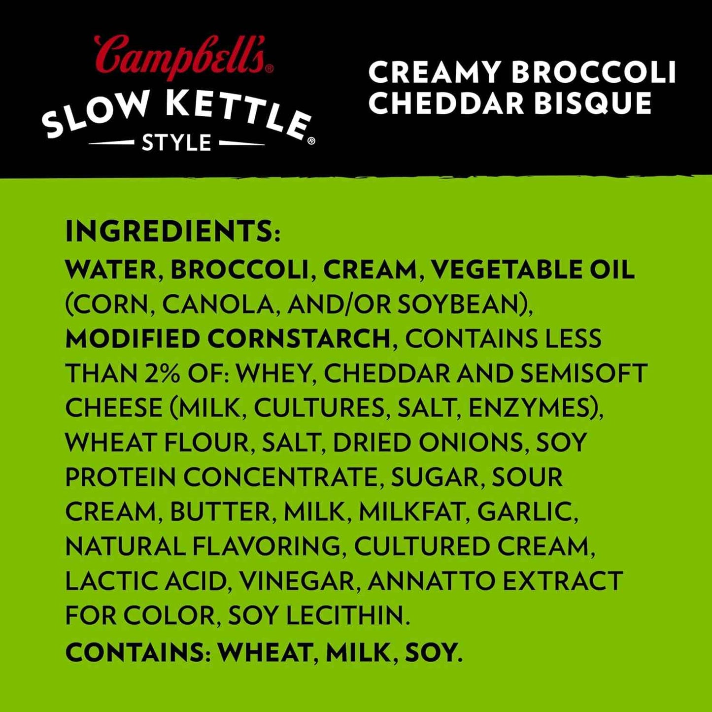 Campbell's Slow Kettle Creamy Broccoli Cheddar Bisque — No-Cook Backup Dinner for Busy Parents, 15.5 oz Family Bowl