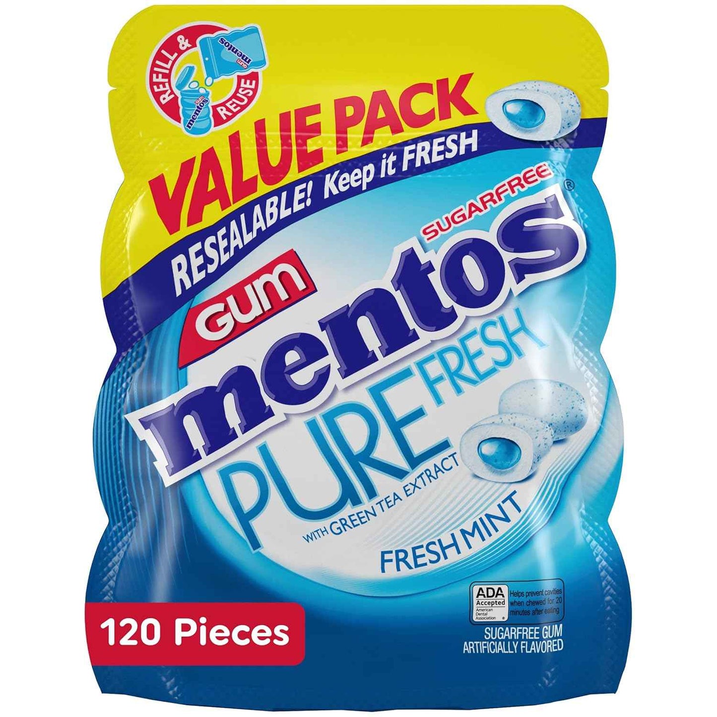 Mentos Pure Fresh Sugar-Free Chewing Gum with Xylitol, Fresh Mint, 120 Piece Bulk Resealable Bag for Stocking Stuffer and Holiday Gift