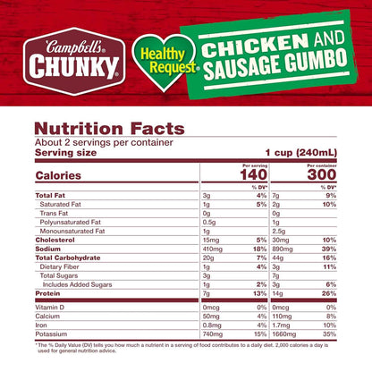 Campbell's Chunky Healthy Request Chicken and Sausage Gumbo Soup, 18.8 Oz Can – Antibiotic-Free Chicken Protein Lunch