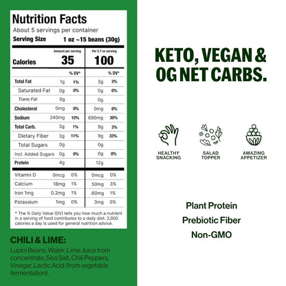 BRAMI Chili & Lime Lupini Beans – Heat-Stable Travel Snack for Hiking and Flights, 0g Net Carbs Vegan