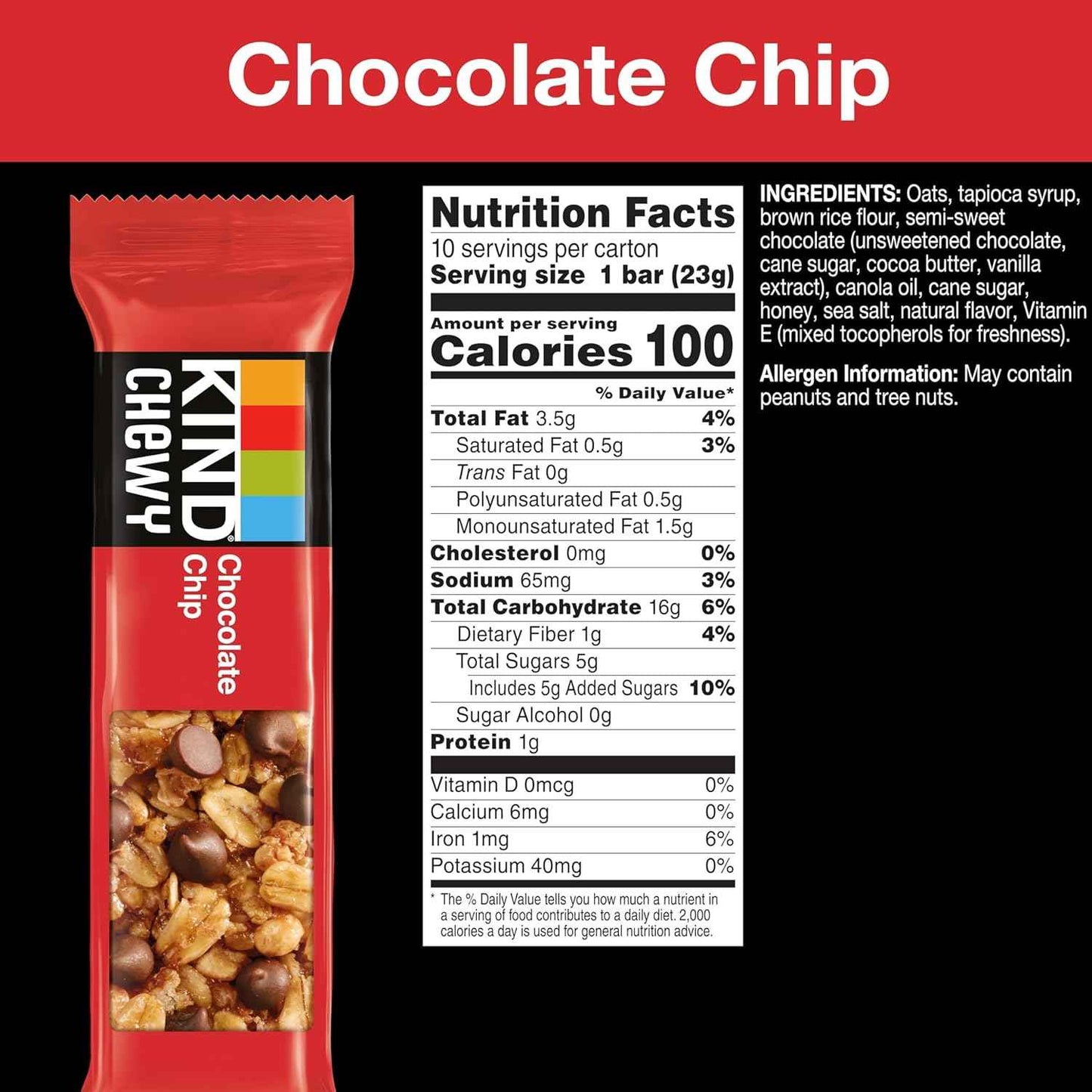 KIND Granola Chewy Bar Chocolate Chip – Portable Snack for Hiking and Park Outings, 10 Wrapped Bars
