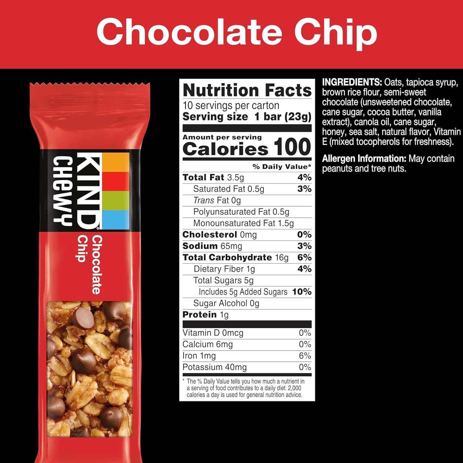 KIND Granola Chewy Bar Chocolate Chip – Portable Snack for Hiking and Park Outings, 10 Wrapped Bars
