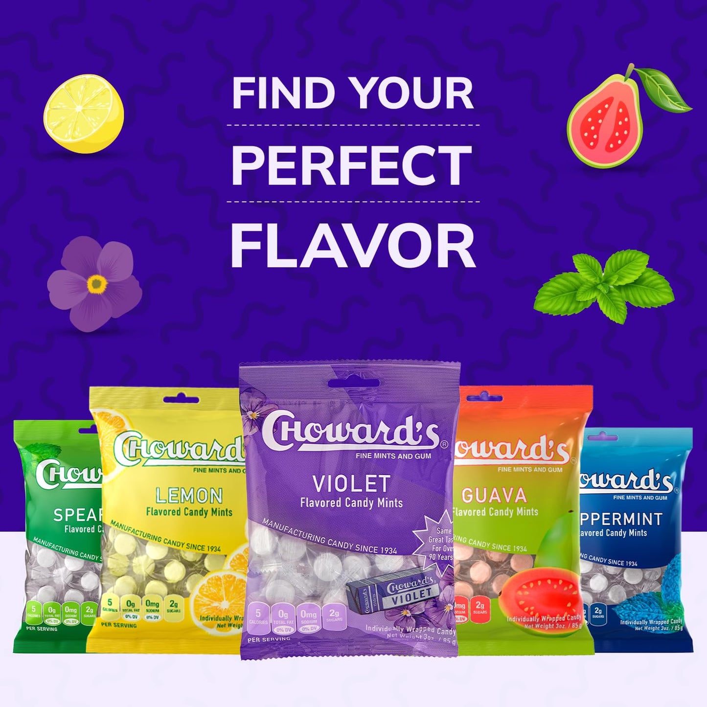 Choward's Violet Mints Candy Bag – Low-Calorie Self-Care Ritual, 3 Pack of 20-Calorie Floral Mints for Daily Wellness