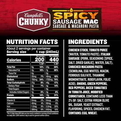 Campbell's Chunky Spicy Sausage Mac Soup, 18.8 oz Can – One-Ingredient Meal Base for Simple, Intentional Home Cooking