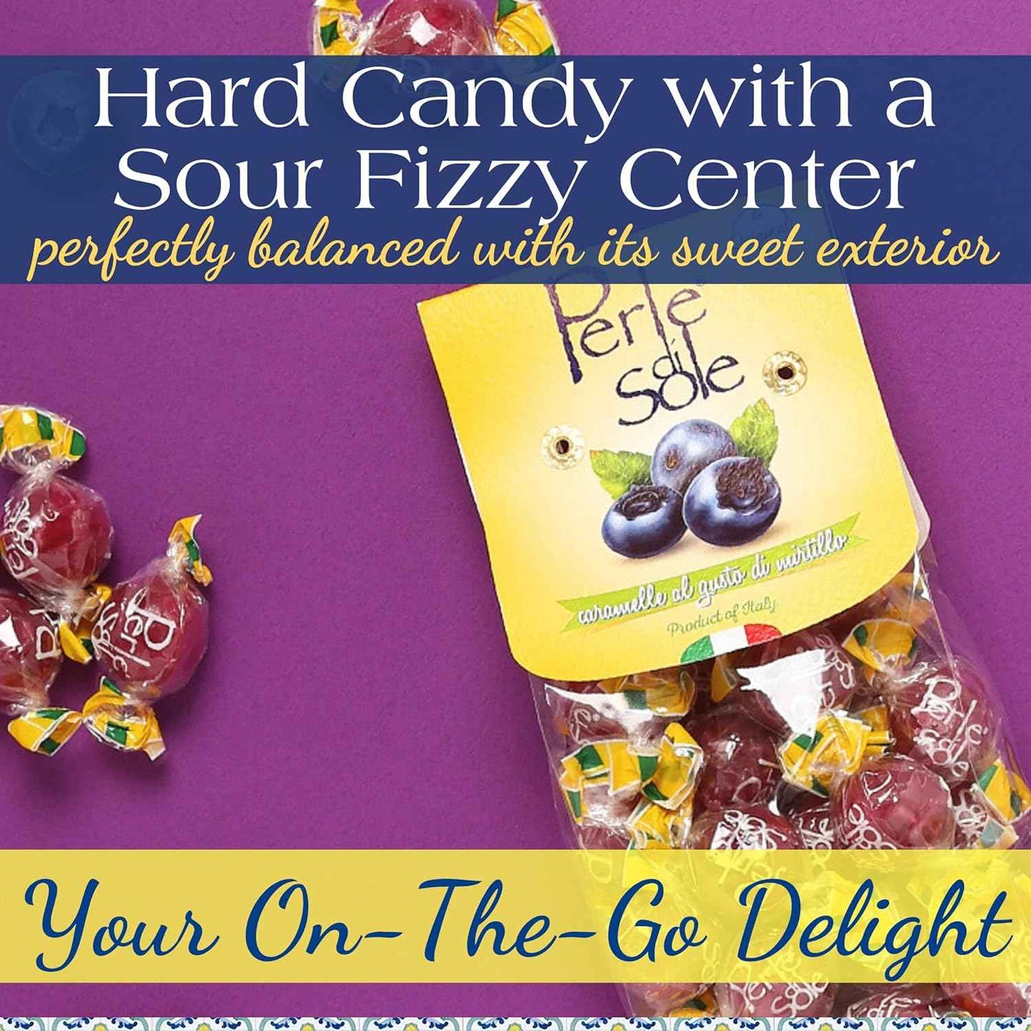 Perle di Sole Italian Candy - Imported Amalfi Coast Blueberry Hard Candy with Tart Filling - Gourmet Connoisseur's Indulgence