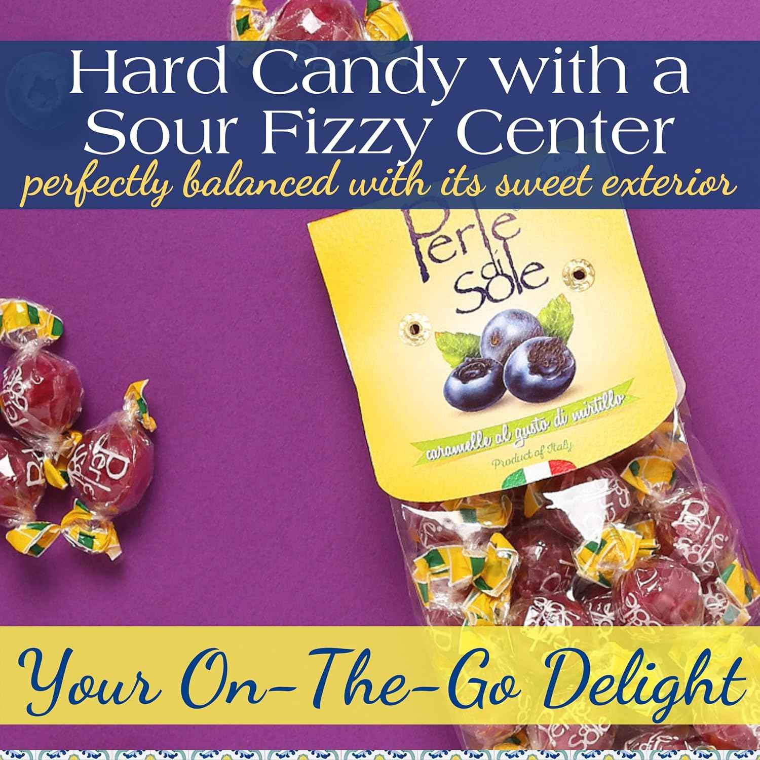 Perle di Sole Italian Candy - Imported Amalfi Coast Blueberry Hard Candy with Tart Filling - Gourmet Connoisseur's Indulgence