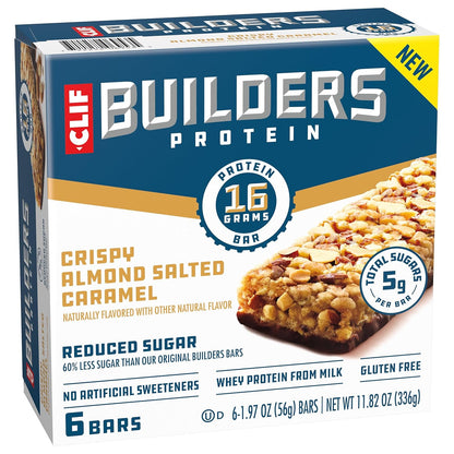 CLIF BUILDERS Reduced Sugar Protein Bar - Grab-and-Go Peanut Butter Chocolate Breakfast for Busy Commuters and Professionals